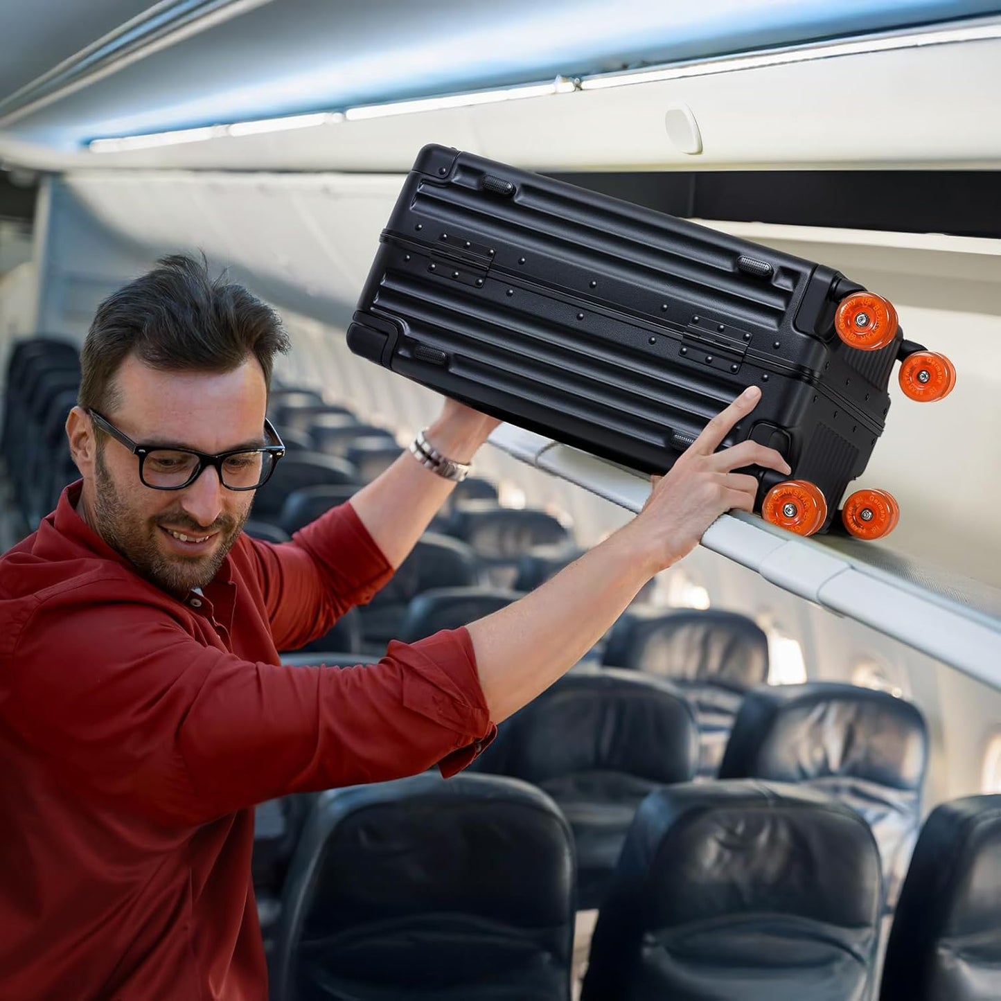 Aluminium Frame Checked-Luggage with Smooth Jelly Wheels, Hardside Zipperless Rolling Suitcase with TSA Lock (BlackOrange, 24-Inch)