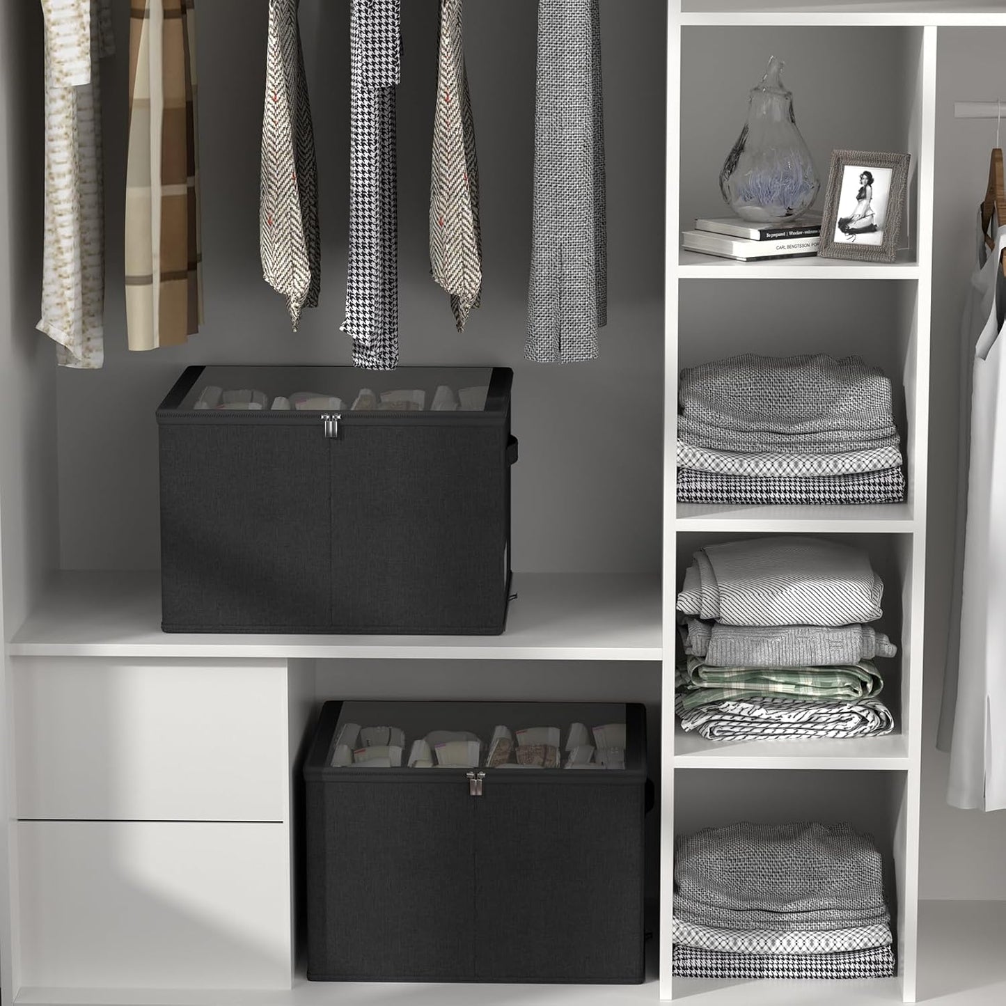 Shoe Organizer for Closet, 2 Pack Sturdy Shoe Storage Bins with Clear Cover, Fits 16-32 Pairs, Foldable Shoe Storage Box with Reinforced Handles (Black, 19.7 * 15.7 * 12.6in)