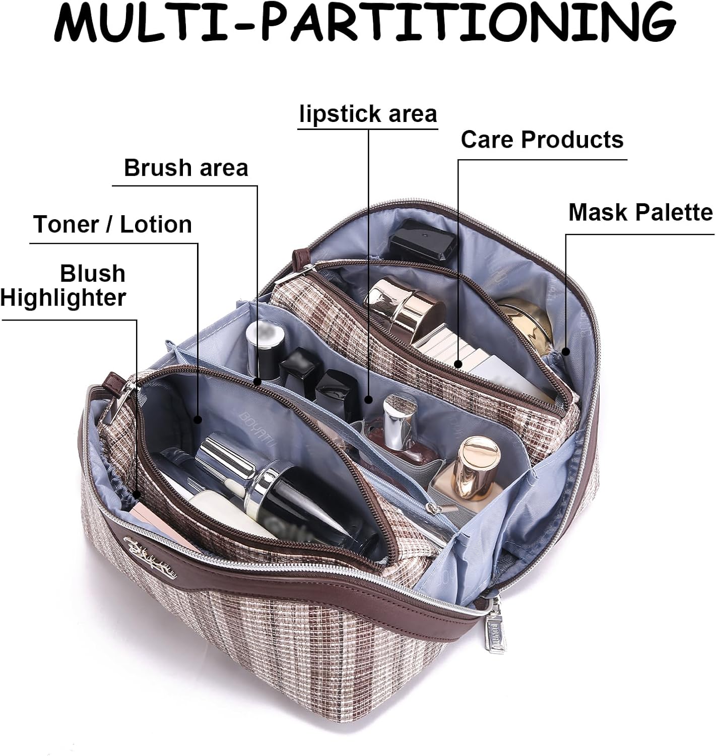 Travel Makeup Bag for Women: Large Capacity Open Flat Make up Bag Set of 3 - Vegan Leather Cosmetic Bag with Compartments - Waterproof Toiletry Bag with Handle & Divider(Brown)