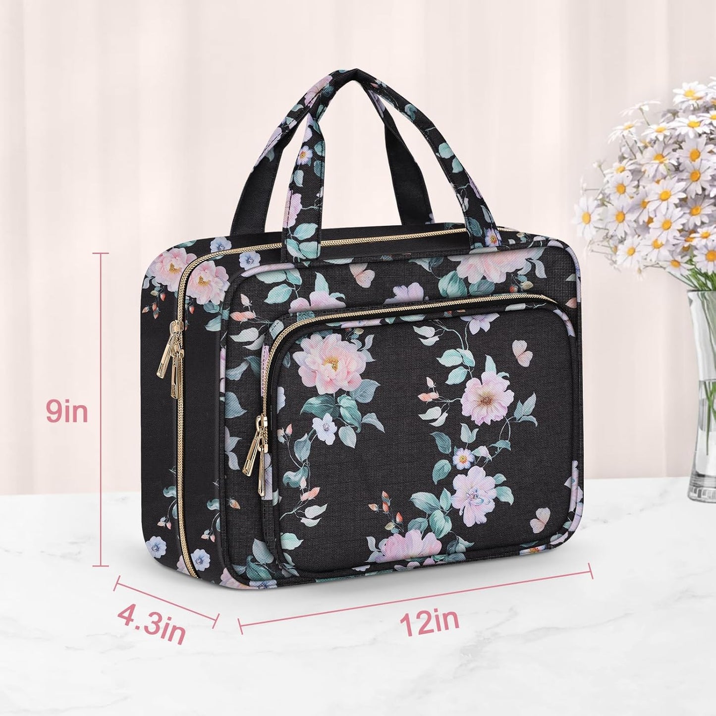 Wedama Toiletry Bag for Women, Large Cosmetic Travel Bag, Hanging Toiletry Bag for Bathroom, PVC Waterproof Makeup Bag, Toiletries Bag for Travel Business Trips and Camping, Black+Pink Floral