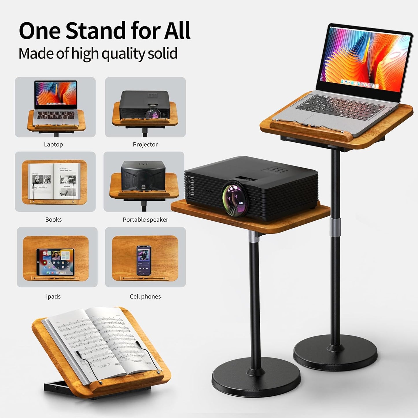 2 in 1 Dual-use Laptop Floor Stand & Laptop Stand for Desk, Solid Wood Portable Small Standing Desk with Adjustable Height from 16.5" to 51", Tall Portable Table for Office, Home, Study, Entertainment