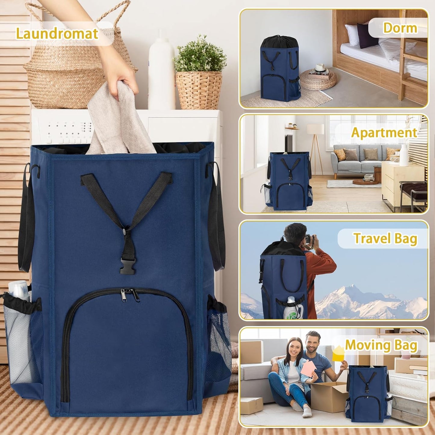 Laundry Bag Backpack Extra Large, 110L Laundry Backpack Heavy Duty with Shoulder Straps, Collapsible and Mesh Pocket Dorm Laundry Basket Hamper Bag for College, Travel, Laundromat, Apartment Blue