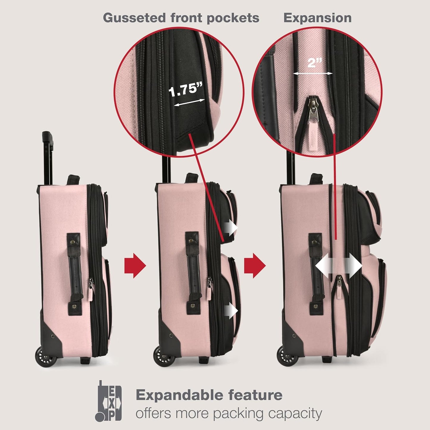 U.S. Traveler Rio Fabric Expandable Carry-on Luggage, Rolling Suitcase, Pink, 2 Wheel Set