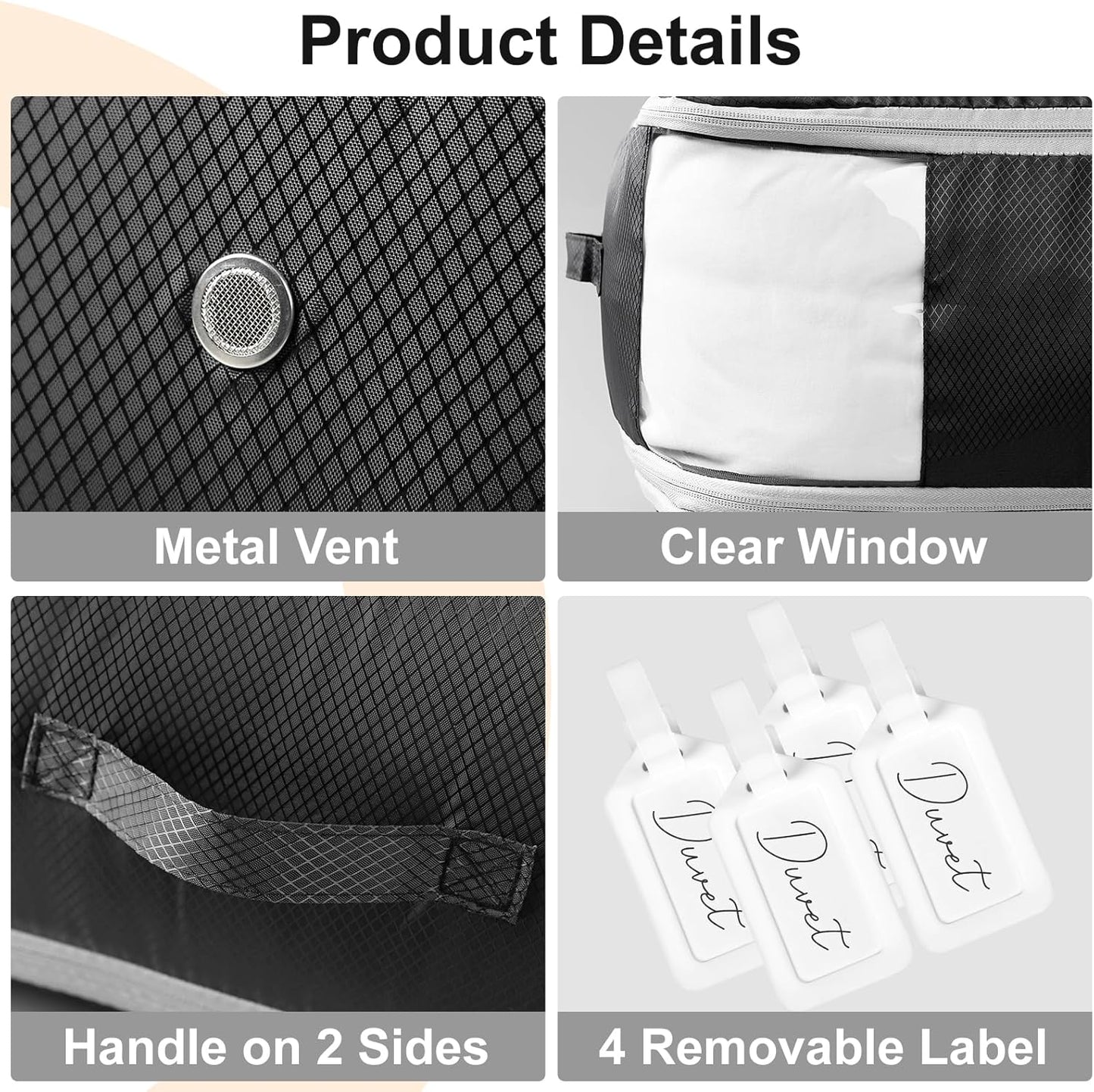 Comforter Storage Bag - Large Capacity Blanket Storage Bags 3-Layer Ultra Space Saving Self Compression Organizer, Washable Compression Bags for Storage Comforter Blanket, 4-Pack, Black