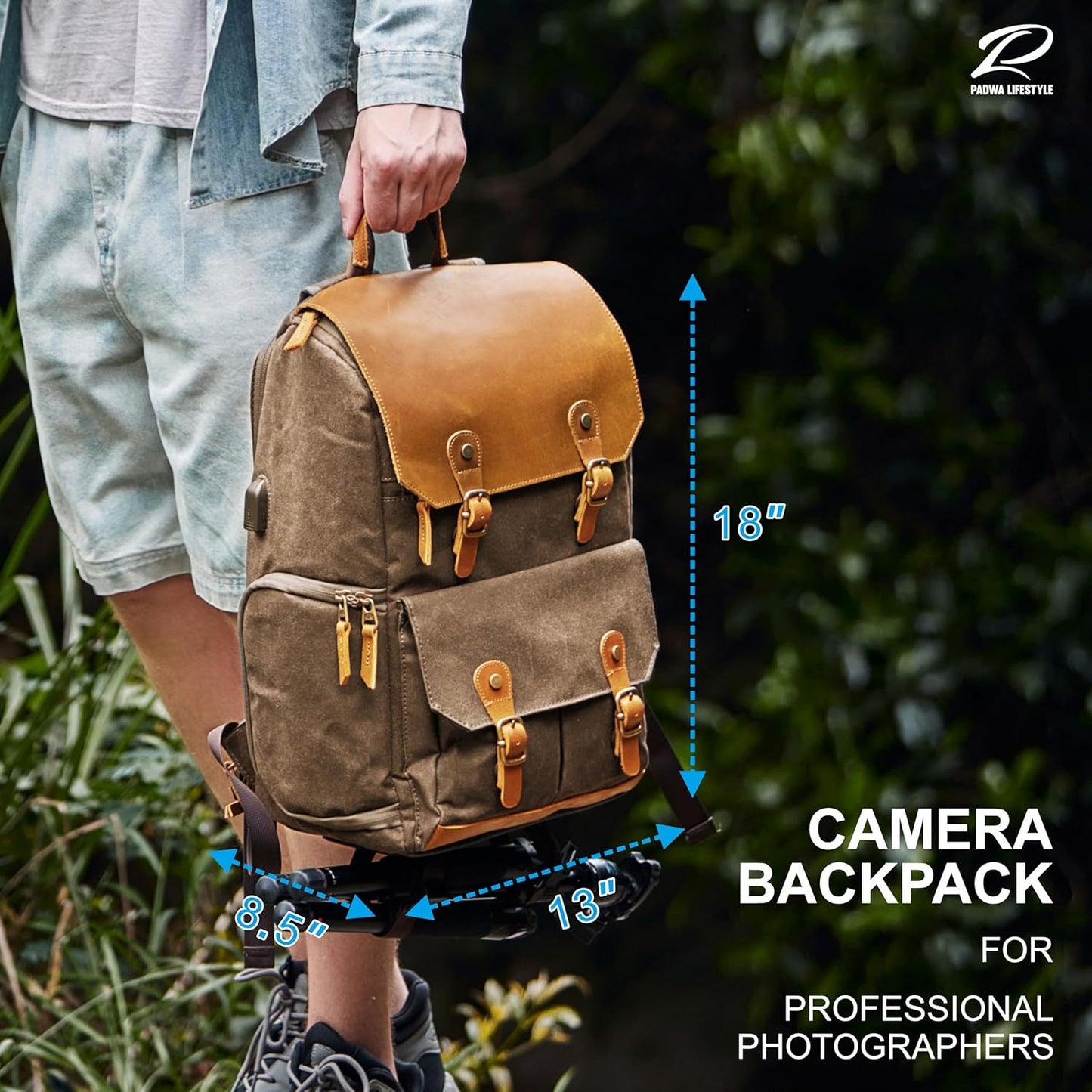 Padwa Lifestyle Khaki Camera Backpack - Waxed Memory Weather Resistant Canvas Camera Bag, Multi DSLR SLR Large Camera Backpacks for Photographers with 16β Laptop & Lens Compartment and Tripod Holder