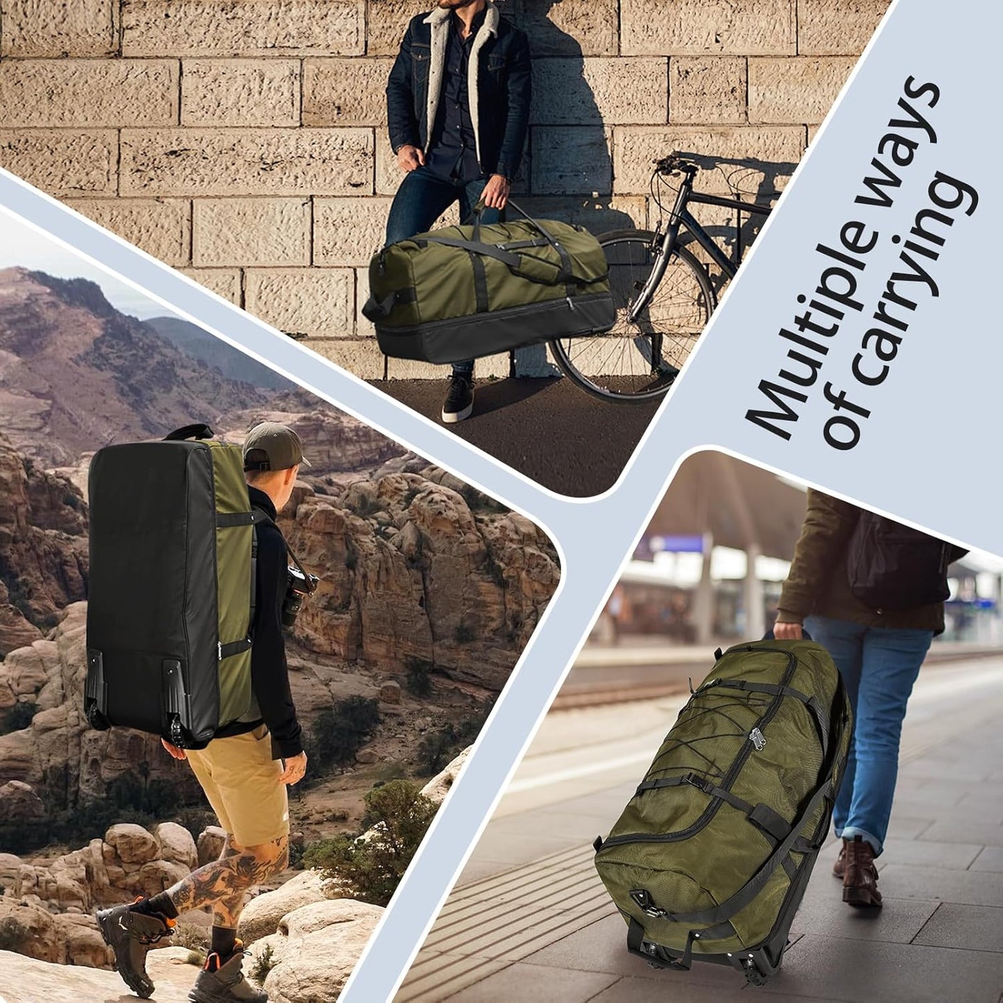 110L Expandable to 140L 32” Foldable Oxford Soft-Sided Rolling Duffle Bag with 2 Heavy-Duty Wheels,3 Large Compartments,Adjustable Shoulder Strap and Attached Organizer Pouch,Green