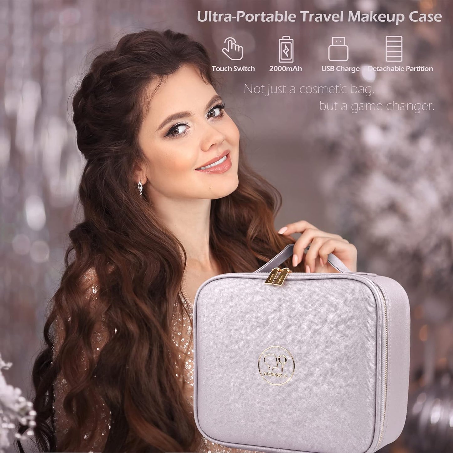 MOMIRA Travel Cosmetic Train Case with Lighted Mirror 3 Color Scenarios Cosmetic Bag Organizer with Adjustable Dividers Makeup Storage for Women, Makeup Accessories & Tools Case Violet Grey