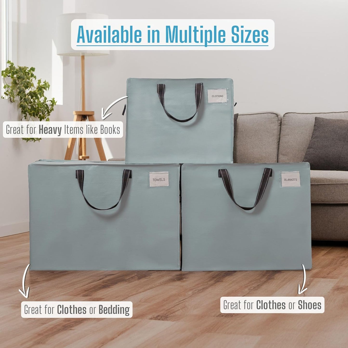 VENO 4 Pack Heavy Duty Moving Bags, Storage Bags, Packing Supplies, Top Zipper, Storage Totes for Camping, Clothes, Bedding, Comforters, Pillows (22 Gallon Light Blue, 4 Pack)