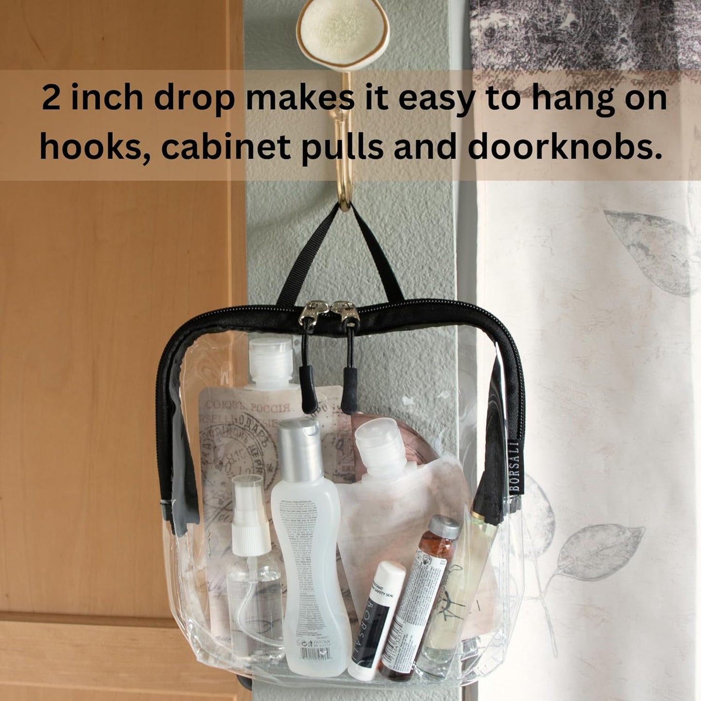 BORSALI TSA Approved Toiletry Bag - Clear Quart Size for 3-1-1 Carry On Travel - Makeup Organizer Cosmetic Pouch with Zipper - Travel Accessories - Black With Handle