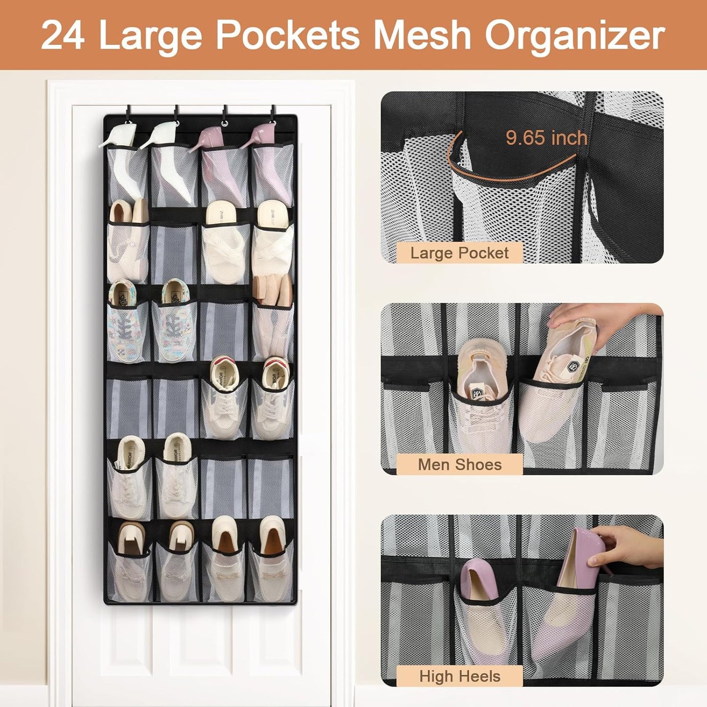 FENTEC 24 Pocket Over Door Shoe Organizer, Mesh Closet Shoe Holder, Black