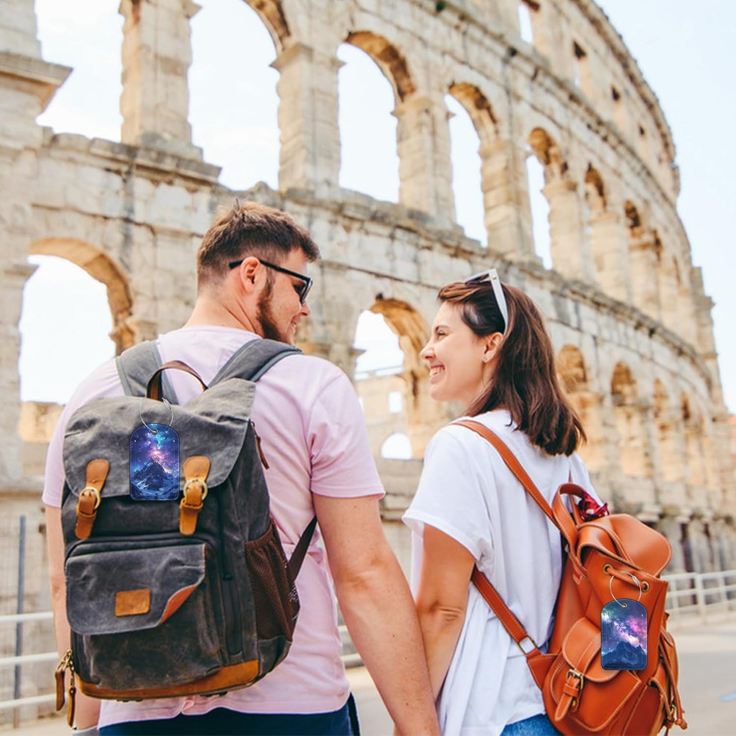 2 Pack PU Luggage Tags for Suitcase, Mountain Under Starry Sky Suitcase Tag Leather ID Label Bag Tags with Privacy Cover and Metal Loop for Men Women Travel Bag