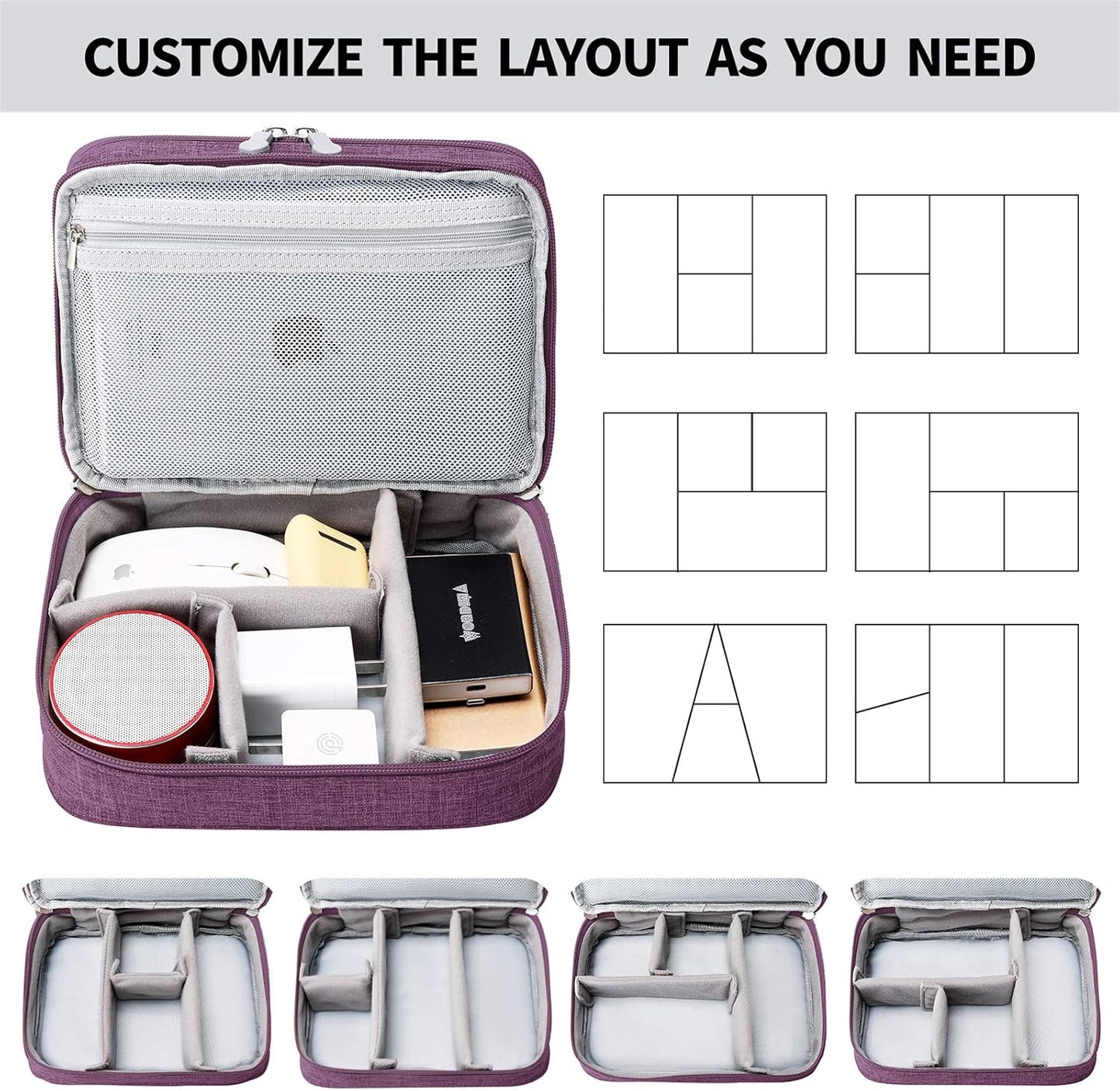 mygreen Electronics Travel Organizer Storage Bag, Double Layer Universal Traveling Gear Accessories Carrying Cover Pouch for iPad Mini Cables Phone Chargers Adapter Flash Hard Drive and More Purple