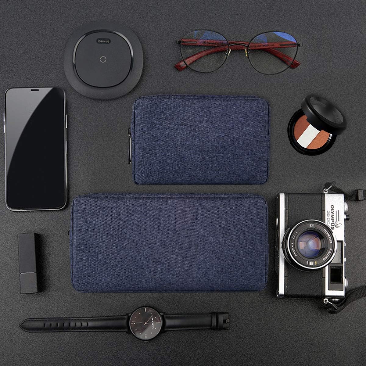 2-Pack Portable Storage Pouch Bag, Universal Electronics Accessories Case Cable Organizer Compatible with Hard Drive, Laptop Mouse, Power Bank, Adapter, Cellphone, Cosmetics (Small+Big-Navy Blue)