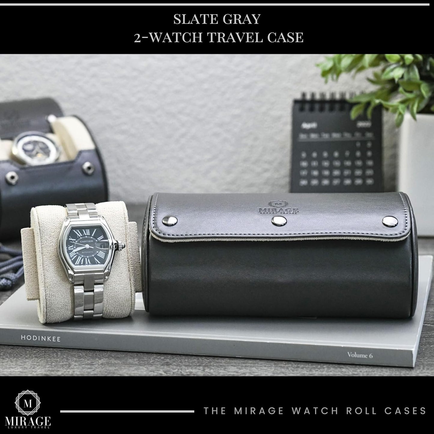 2 Watch Roll Travel Case for Men - Double Watch Case - Slate Grey/Ivory White Vegan Leather