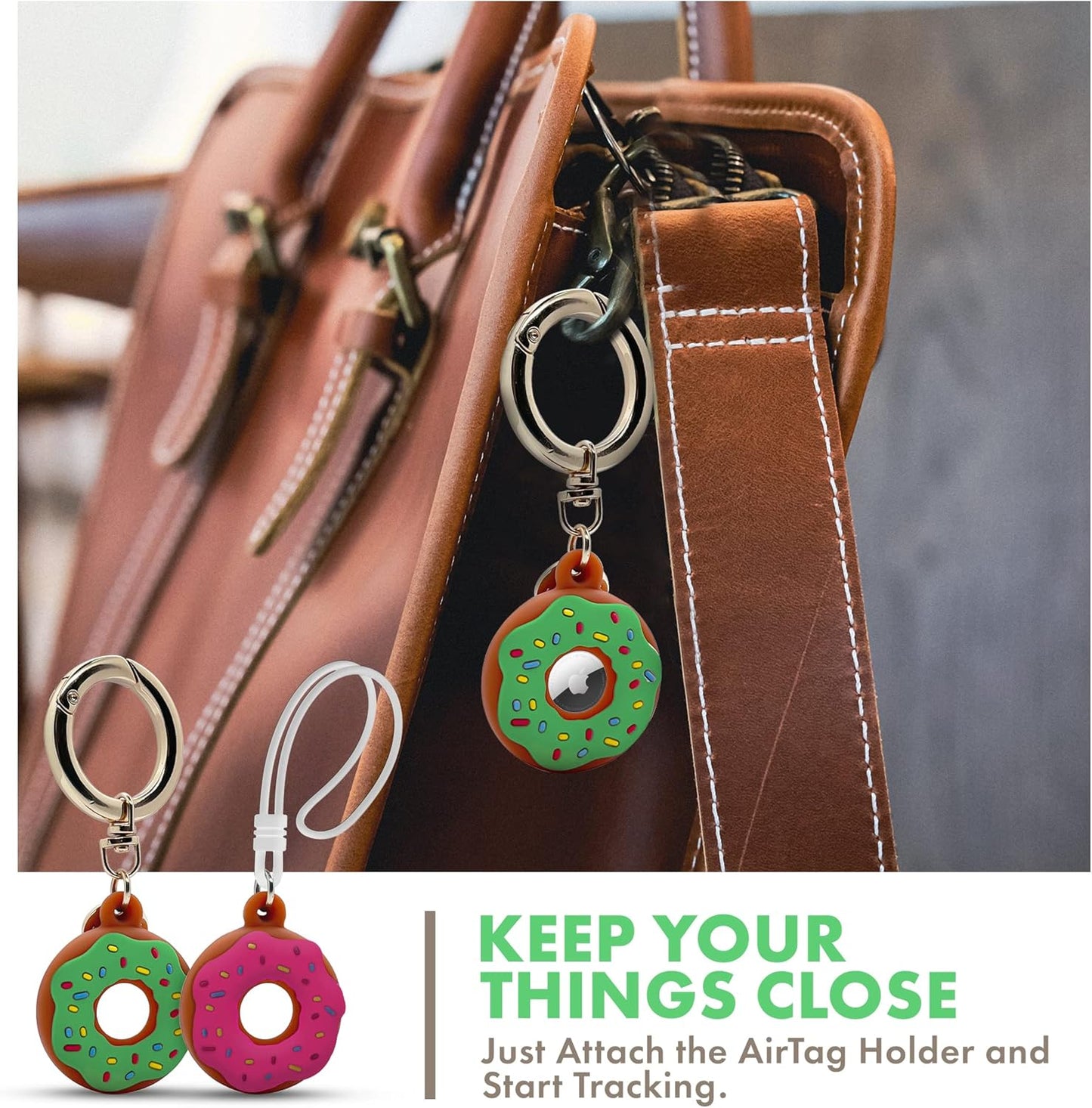 Apple AirTag 4 Pack Shockproof, Dustproof & Washable Cases, Silicon Holders with Accessories for Wallets, Luggage, Pet Collars, Key Finders (Donut (Green & Pink))