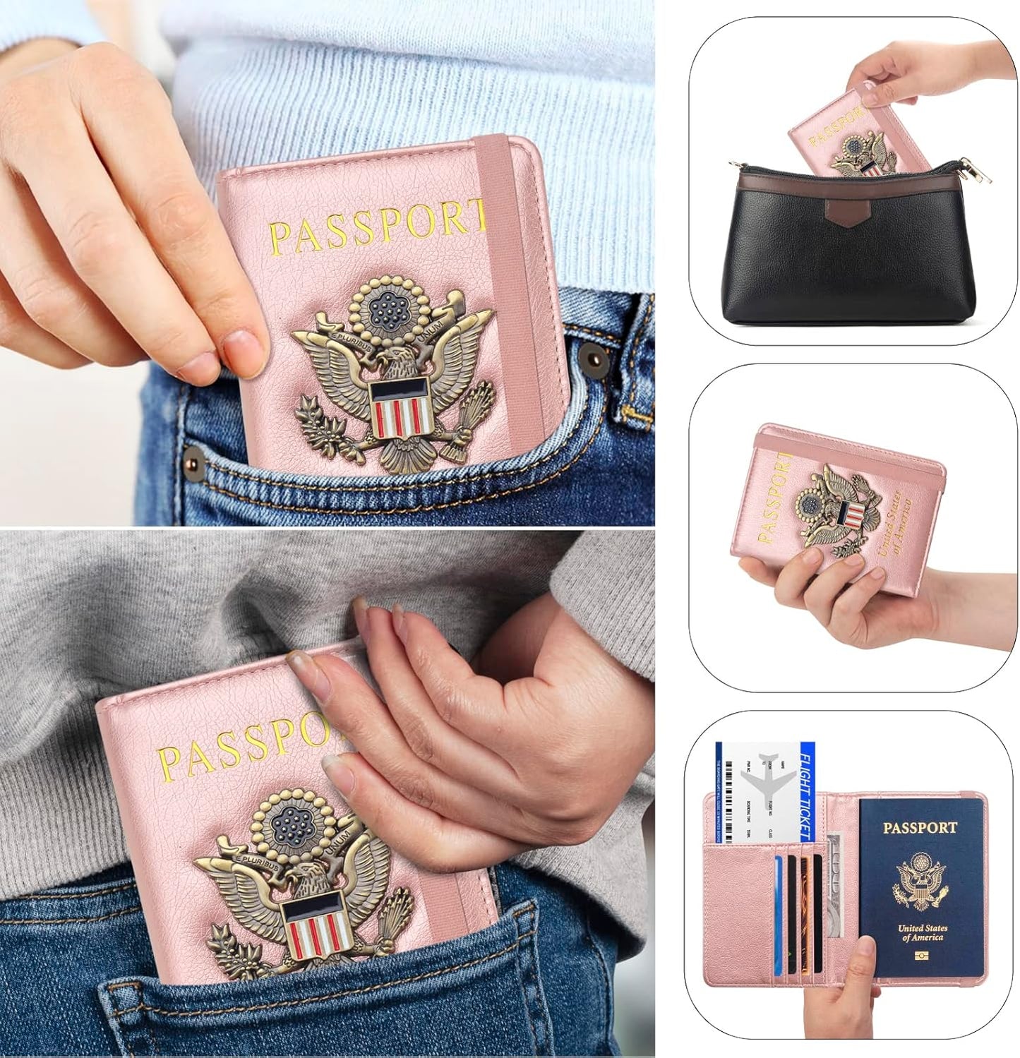 Passport Holder for Travel Passport Cover for Men Passport Wallet Case with Metal Badge Protector Leather Card Case RFID Blocking Women Travel Accessories Document Organizer (Rose Gold)