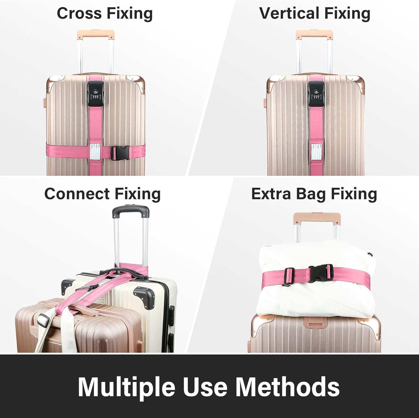 Luggage Straps, Pink TSA Approved Luggage Strap Belt with Combination Lock for Suitcases, 2 Pack Adjustable Heavy Duty Cross Suitcase Straps with Name Tags for Travel, Carry On Bags, Protect Luggage