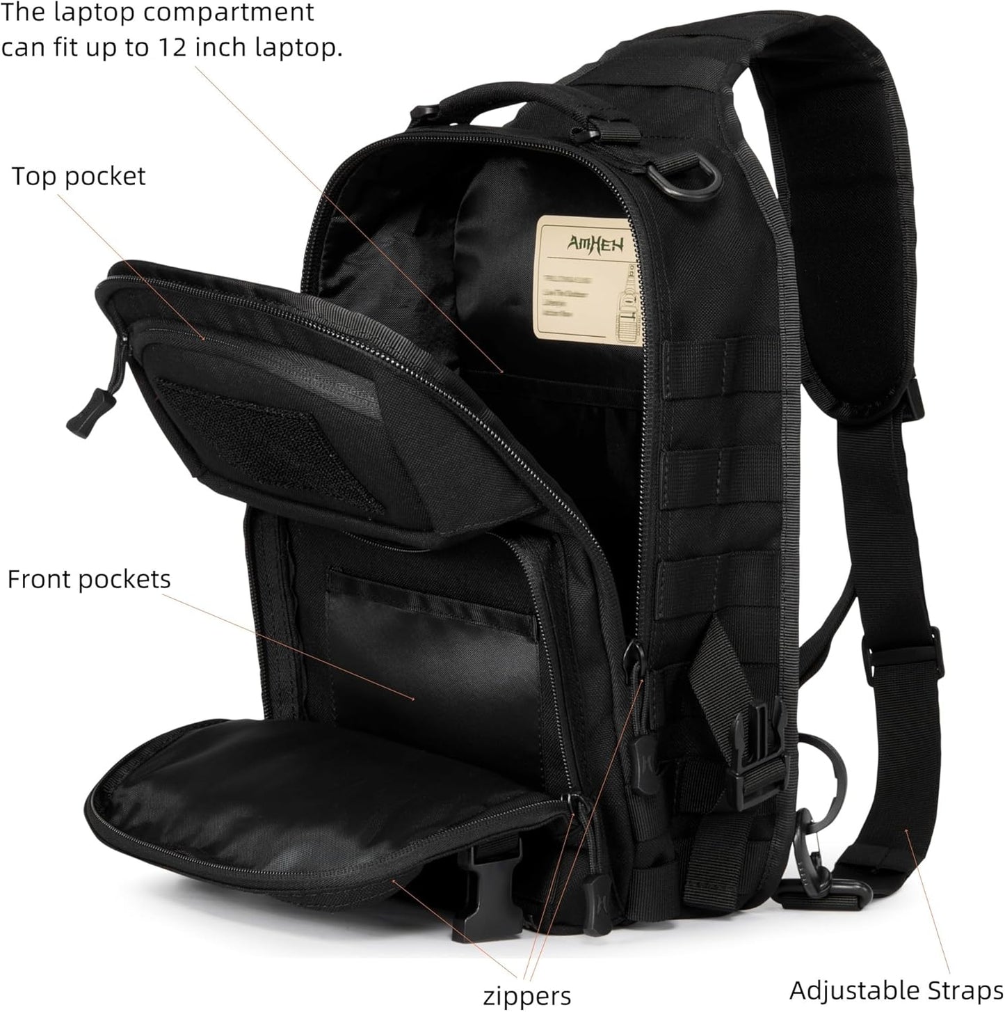 15L Tactical Crossbody Sling Bag | Everyday One Shoulder Backpack Fit 12 Inch Laptop, Molle, Daily Use, Travel, Hiking (Black)