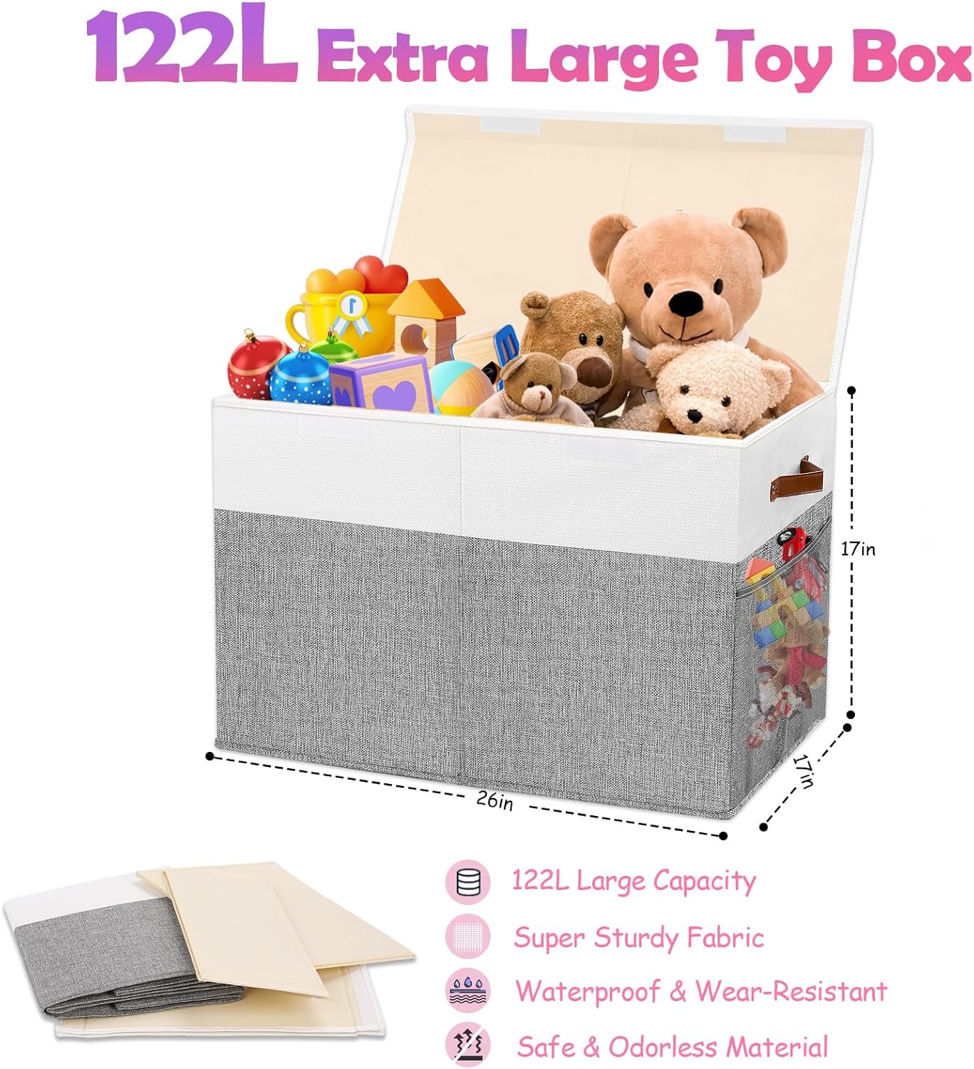 Large Toy Storage Box with Lid, Collapsible Sturdy Toys Storage Organizer Chest Bin Basket with Mesh Divider for Kids, Boys, Girls, Closet, Playroom, Bedroom, Nursery, 26"x17"x17" (Gray and White)