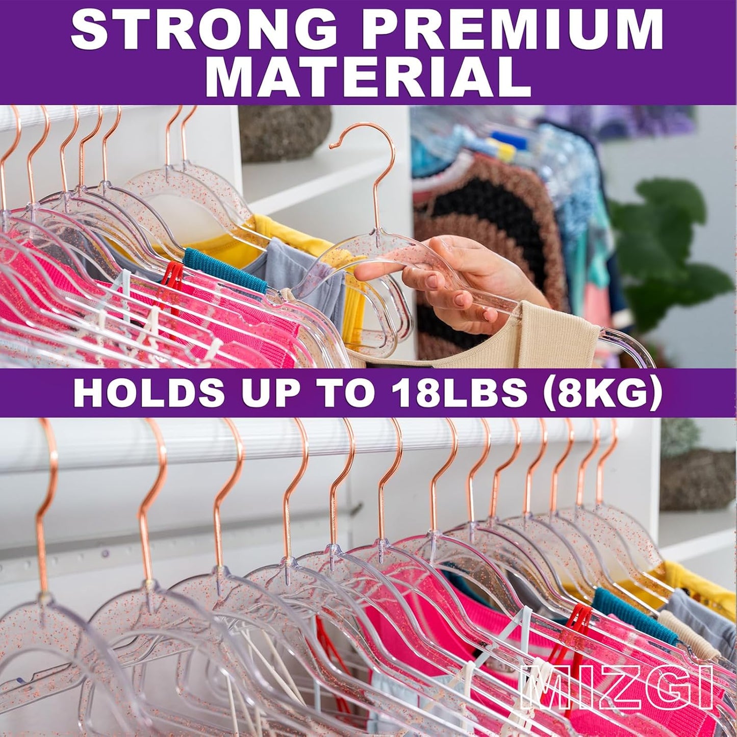 MIZGI Premium Clear Invisible Acrylic Hangers,Crystal Plastic Hangers with Bling Rose Gold Glitter 50 Pack Ultra Slim & Space Saving Suit Hangers for Coats, Pants & Dress Clothes