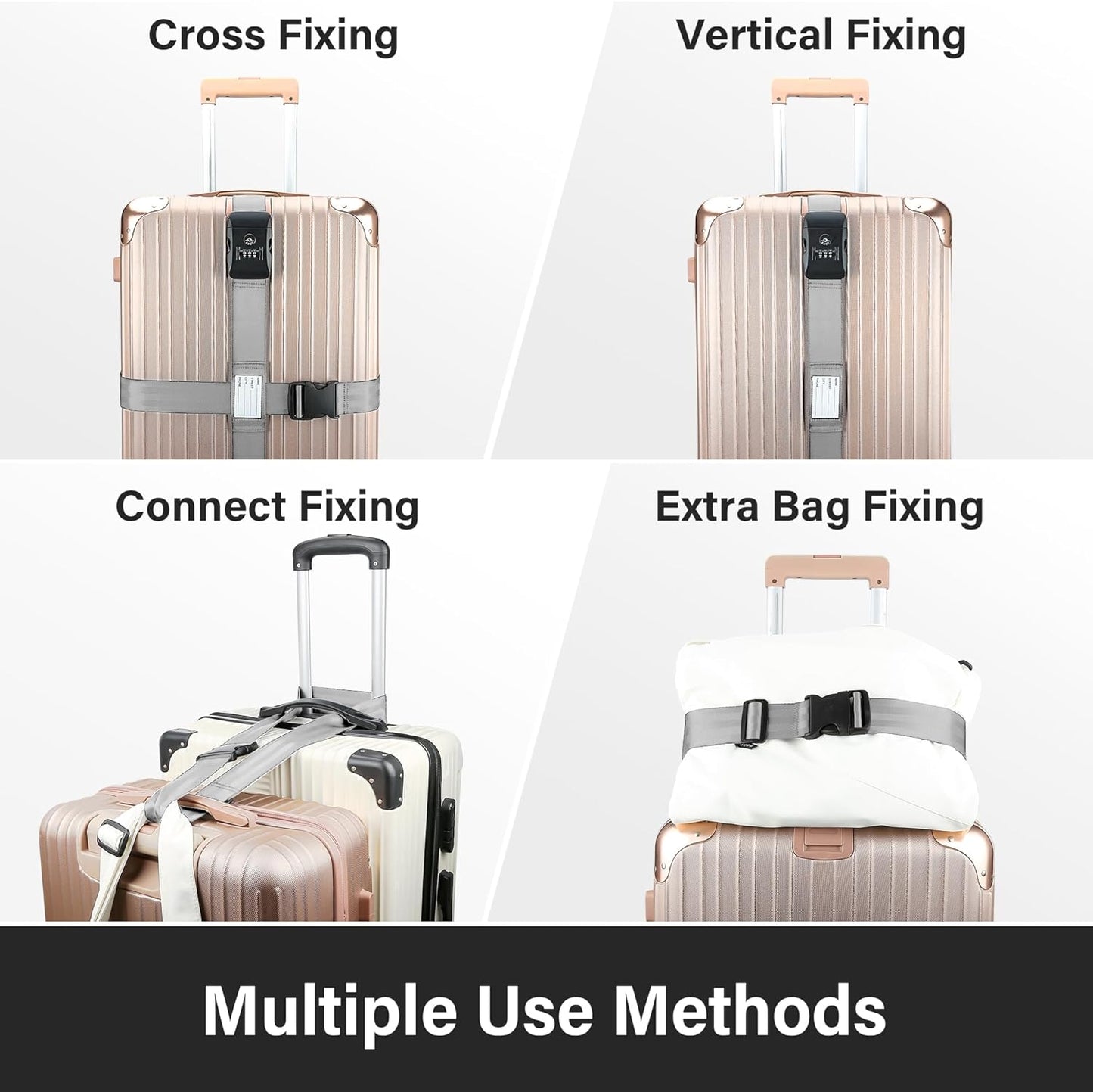 Luggage Straps, Grey TSA Approved Luggage Strap Belt with Combination Lock for Suitcases, 2 Pack Adjustable Heavy Duty Cross Suitcase Straps with Name Tags for Travel, Carry On Bags, Protect Luggage