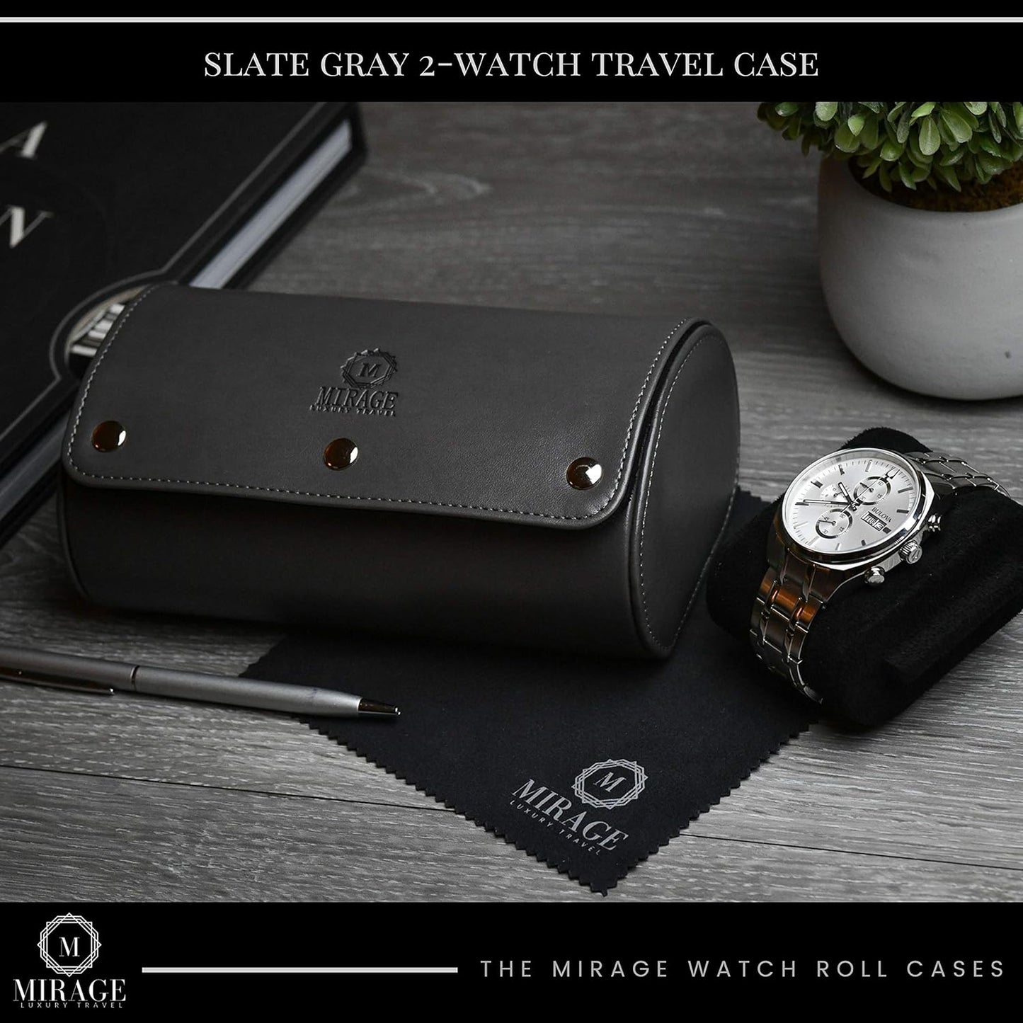 2 Watch Roll Travel Case for Men - Watch Holder and Storage for Travel - Slate Gray Swiss Motif Vegan Leather