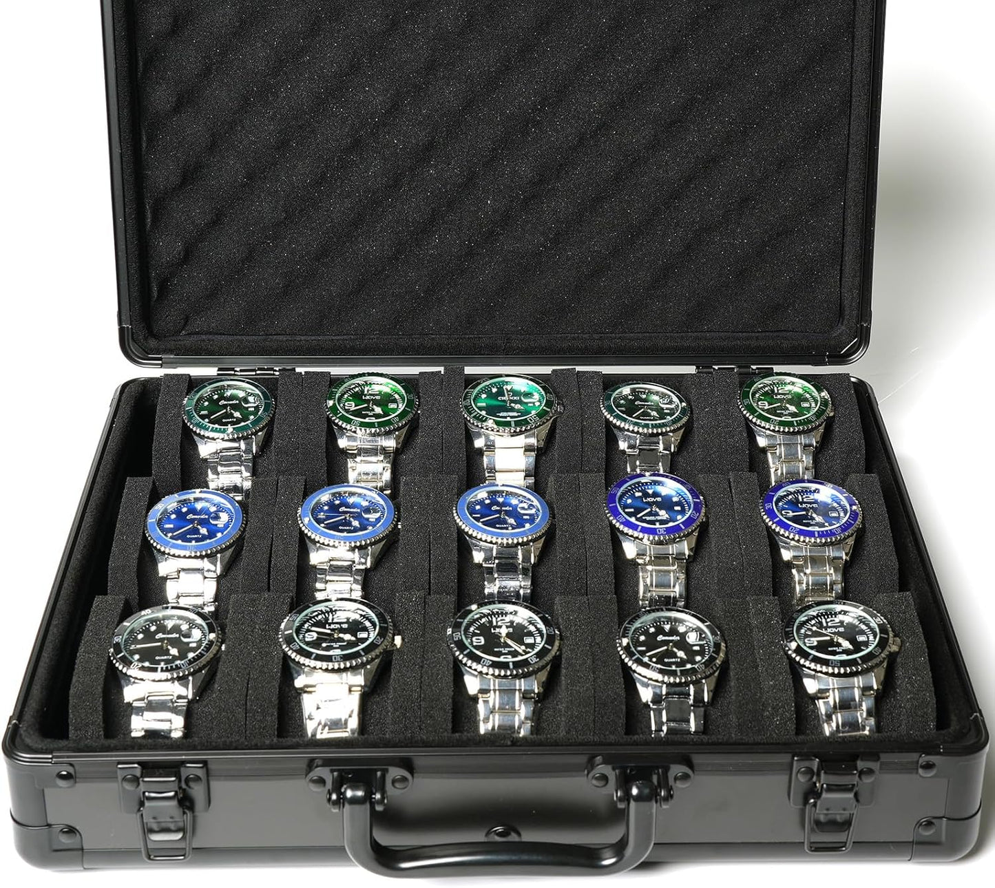 15 slots Watch organizer Case, Aluminum watch storage box, hard watch travel box, padded case for watch display and organization