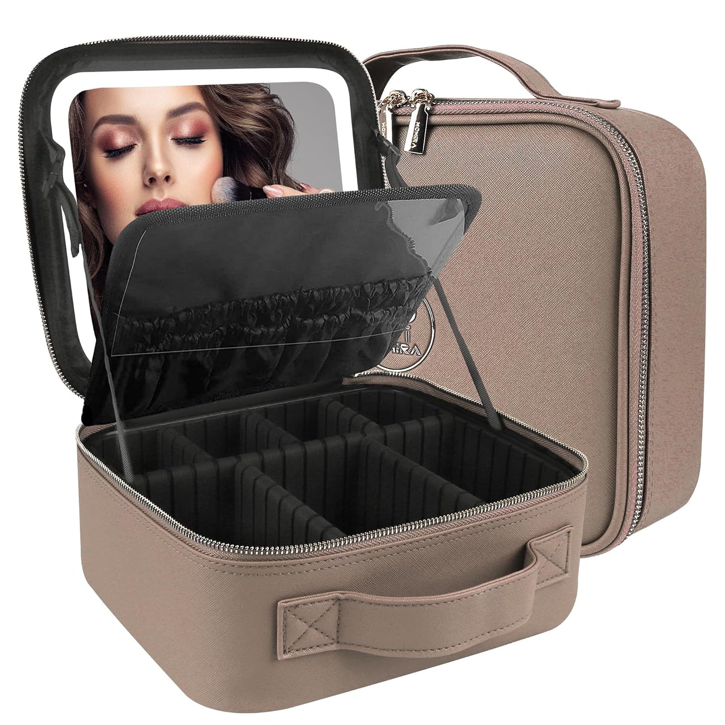 MOMIRA Travel Makeup Bag Cosmetic Bag Makeup Organizer Bag with Lighted Mirror, Adjustable Brightness in 3 Color Scenarios, Waterproof Makeup Train Case, Gift for Women - Deep Apricot