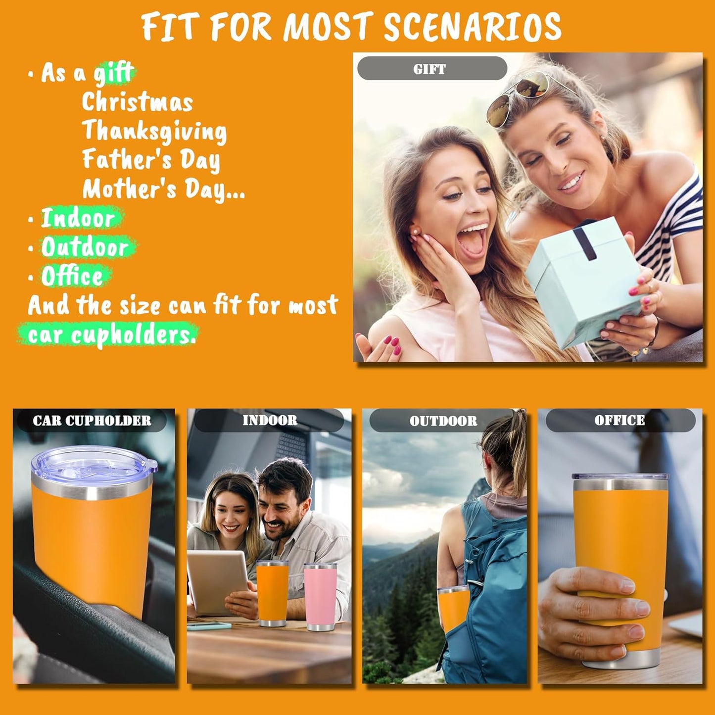 20 oz Tumbler with lid Double Wall Vacuum Insulated Tumblers Stainless Steel Coffee Mug Travel Coffee Tumbler Powder Coated Tumbler Cup Keep Hot&Cold - (Orange 12 Pack)