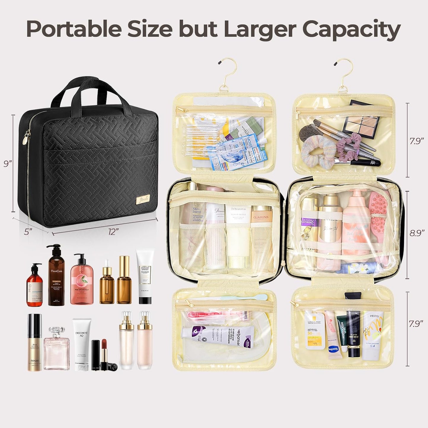 Hanging Travel Toiletry Bag for Women Detachable Toiletry Bag with 6 Compartments Large Makeup Bag Cosmetic Organizer for Bathroom Shower Business Trips Camping,Black