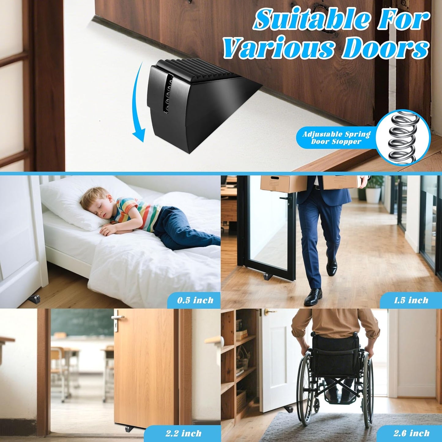 Large Heavy Duty Door Stoppers, Premium Spring Door Stopper for Bottom of Door, Adjustable Large Rubber Stoppers Wedge with Metal, Door Stop Suits Any Heavy Door (Black-0ne)