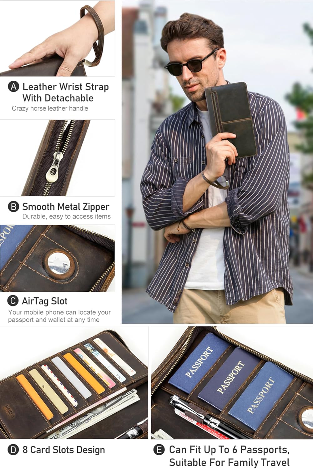 Top Grain Leather Travel Passport Wallet Organizer Case for Families, Handmade for 6 Passports & Multi Cards, RFID Blocking Large Capacity for Cards/Passports/Tickets/AirTag, Matte Coffee