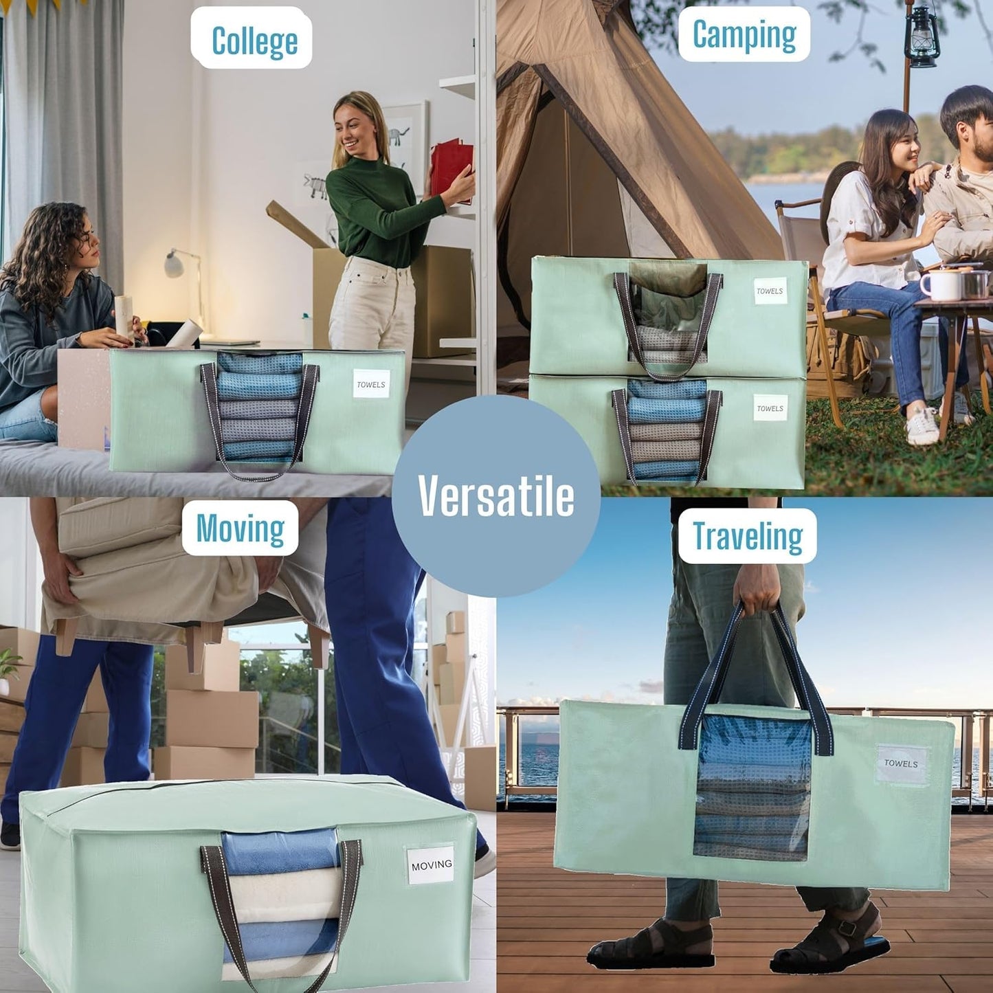 VENO 4 Pack Moving Bags for College, Heavy-Duty Storage Totes, Moving Boxes and Wardrobe Packing Supplies Alternative - Extra Large Durable Laundry Bags for Clothes (Shiny Light Green, 4 Pack)