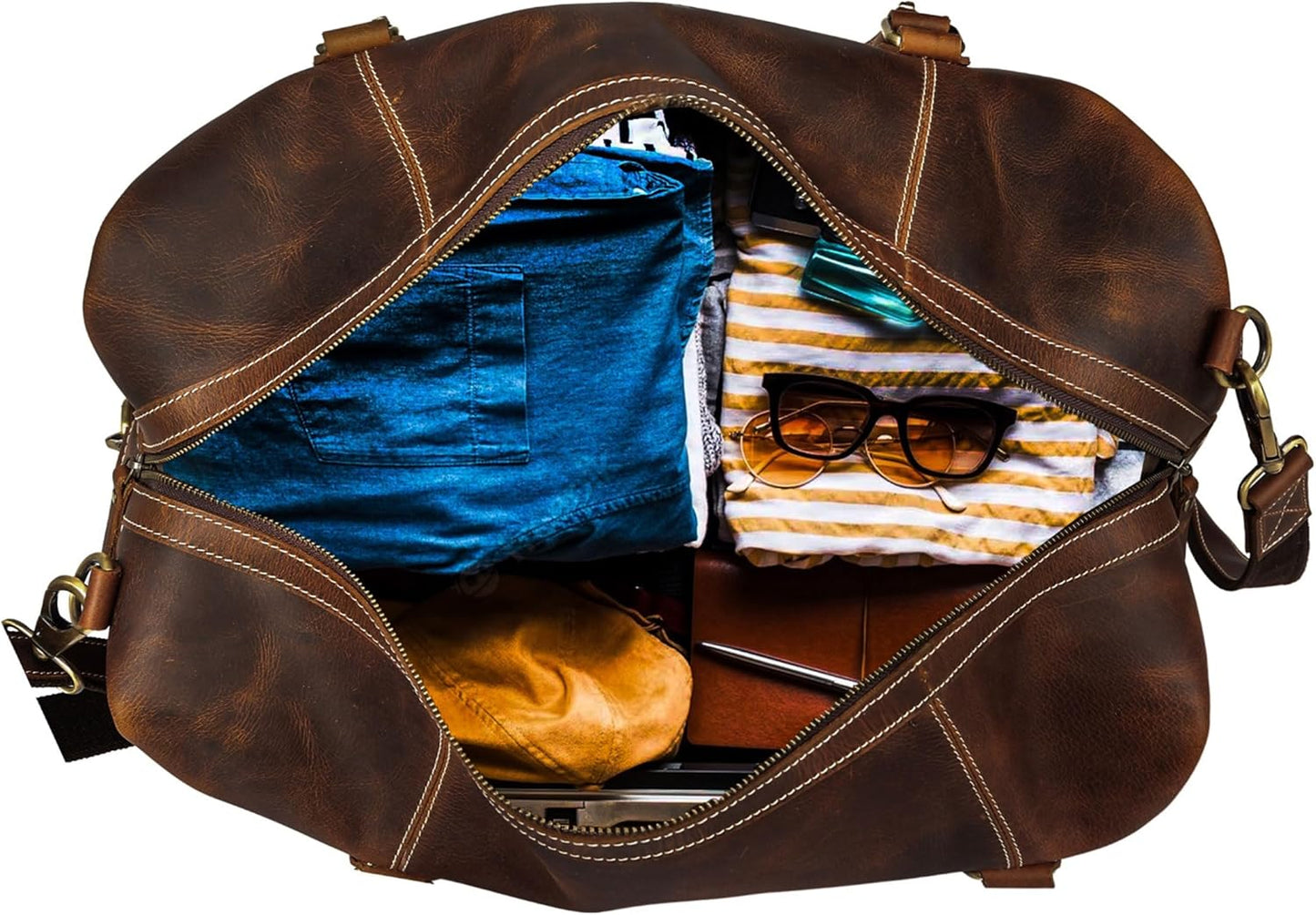 KomalC Leather Duffel Bags for Men and Women Full Grain Leather Travel Overnight Weekend Leather Bags Sports Gym Duffel for Men (Dark Tan, 20 Inch)