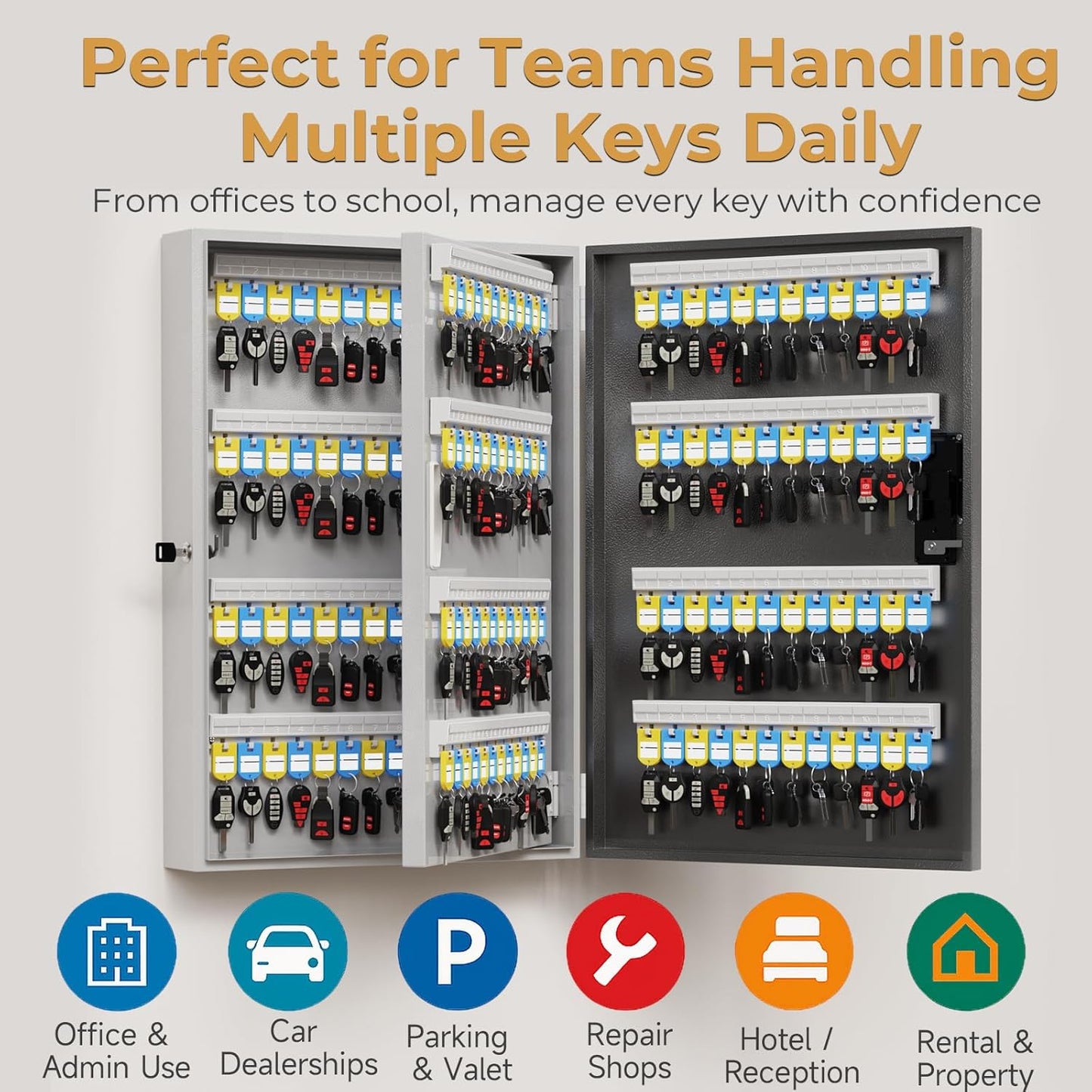 192 Key Lock Box Wall Mount, Smart Key Cabinet, One Time Password/Fixed Code/Bluetooth/Wi-Fi Remote/Key Unlock, Security Lockbox Organizer for Valets, Hotels, Car, Office Key Management & Storage