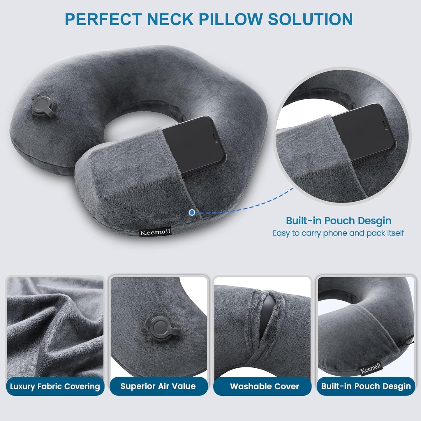 Inflatable Travel Neck Pillow, Super Soft Plane Neck Support Pillow for Travel Ariplane Sleep Support, Adjustable Neck Cushion Headrest Pillow, Folds Up Nicely, Black Grey