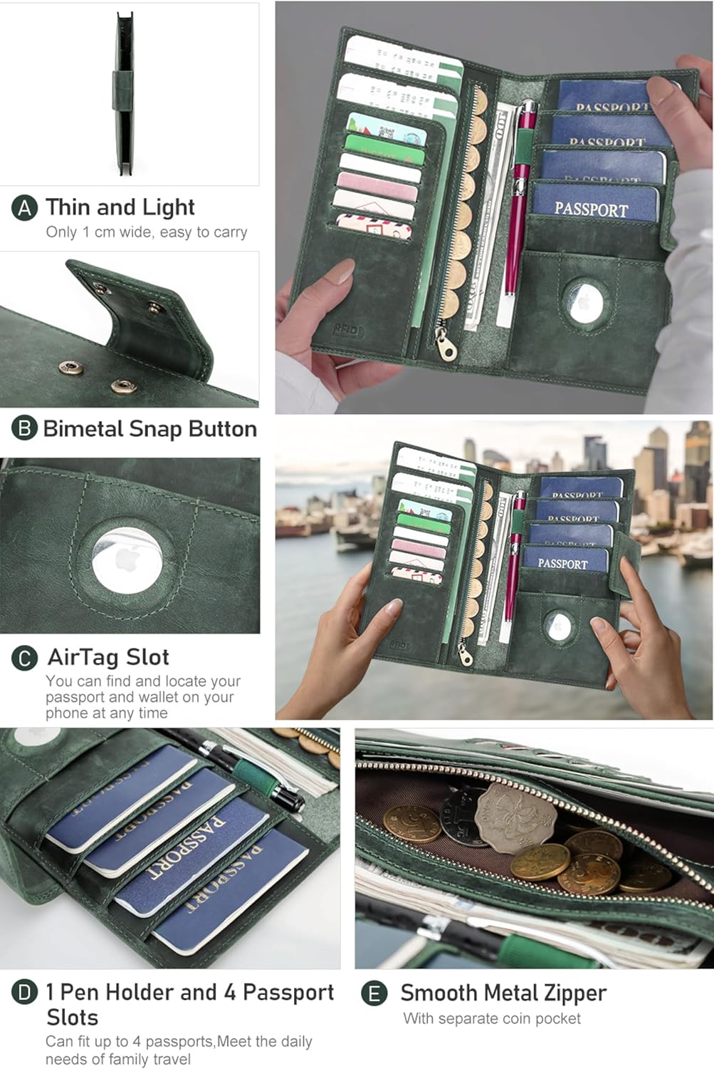 Top Grain Leather Travel Passport Wallet Holder for Man & Woman, Snap Button Design for 4 Passports & Multi Cards, RFID Blocking Large Capacity for Passports/Cards/Checks/Bills, Dark Green