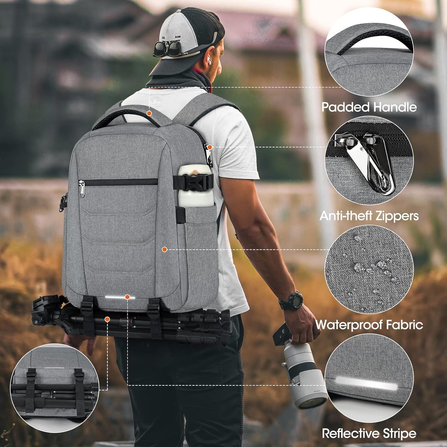 SDYSM Camera Bag Backpack Professional for DSLR SLR Mirrorless Camera Waterproof Laptop Back Pack 14 Inch with Rain Cover Anti Theft Travel Case Large Capacity Photography Backpack Grey