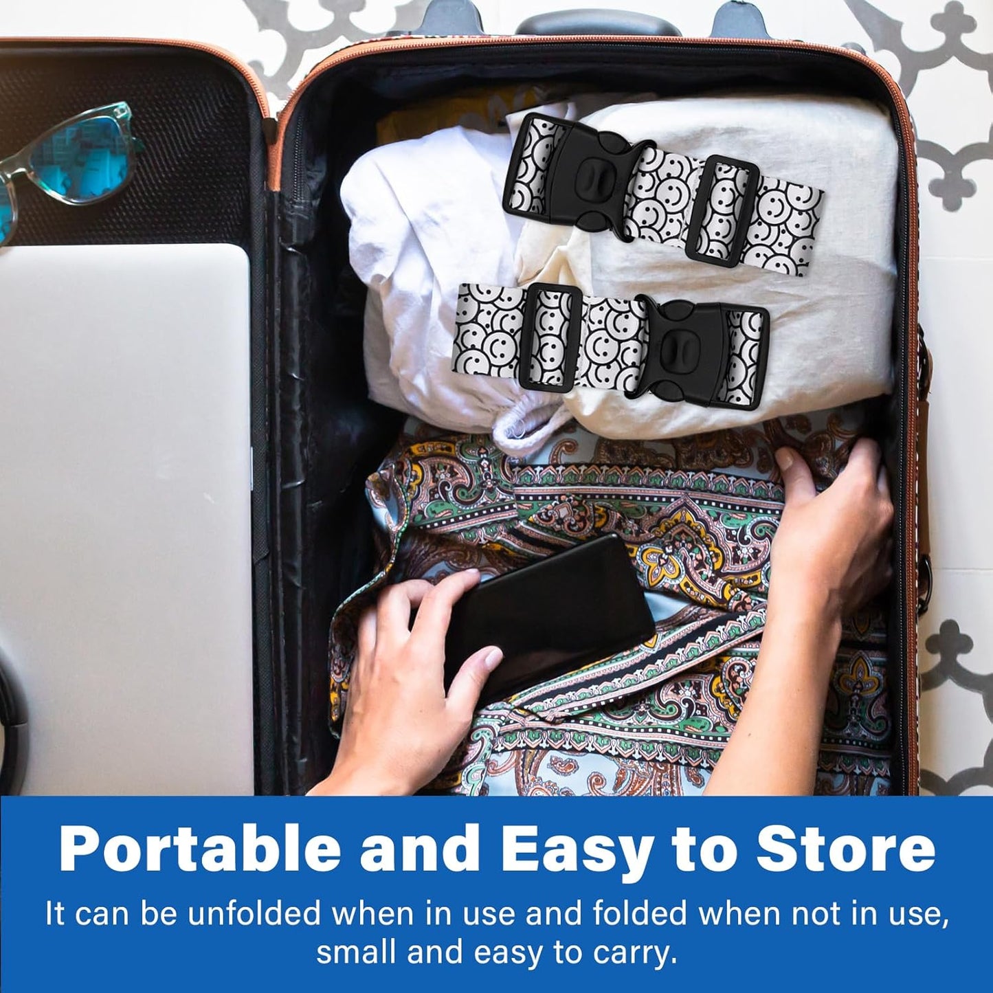 2 Pack Luggage Straps for Suitcases, Adjustable Travel Belt with Double Lock and Quick Release Buckle, Heavy Duty Nylon Bag Packing Strap, Bright Identifiers Business Travel Accessories-White Smiles