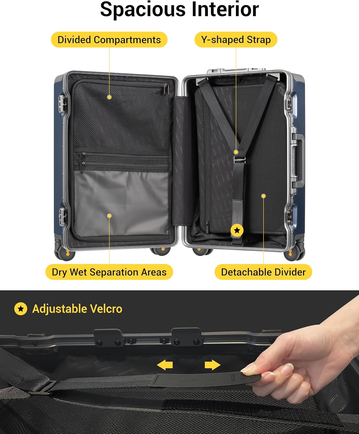 LEVEL8 Carry On Luggage Airline Approved Zipperless with Aluminum Frame, Hard Case Luggage with Spinner Wheels, Metal Travel Suitcase with Double Tsa Locks, 20 Inch, Blue