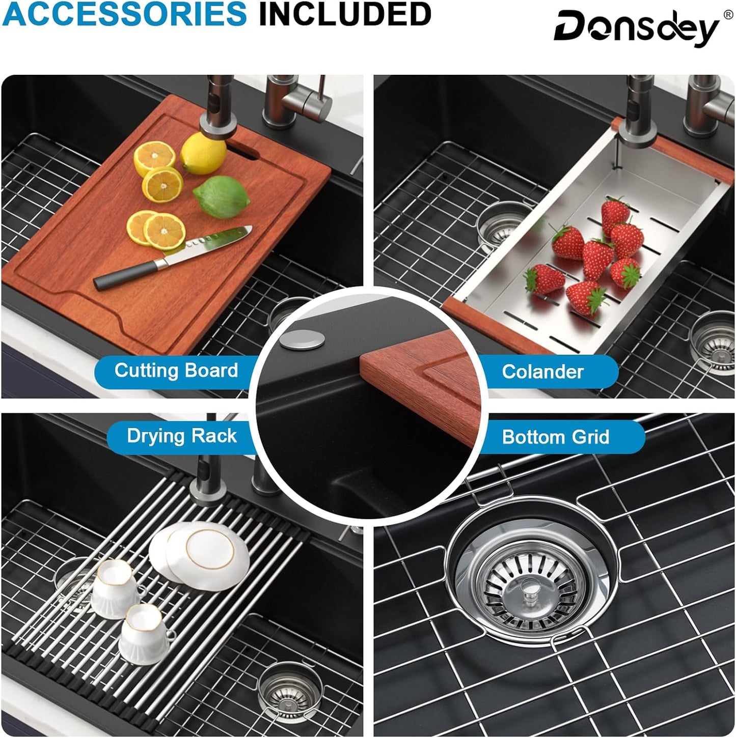 33 Inch Drop in Granite Composite Black Kitchen Sink-Donsdey Double Bowl Topmount 60/40 Basin Quartz Workstation Sink with Luxury Accessories Easy Cleaning Noise Reduction