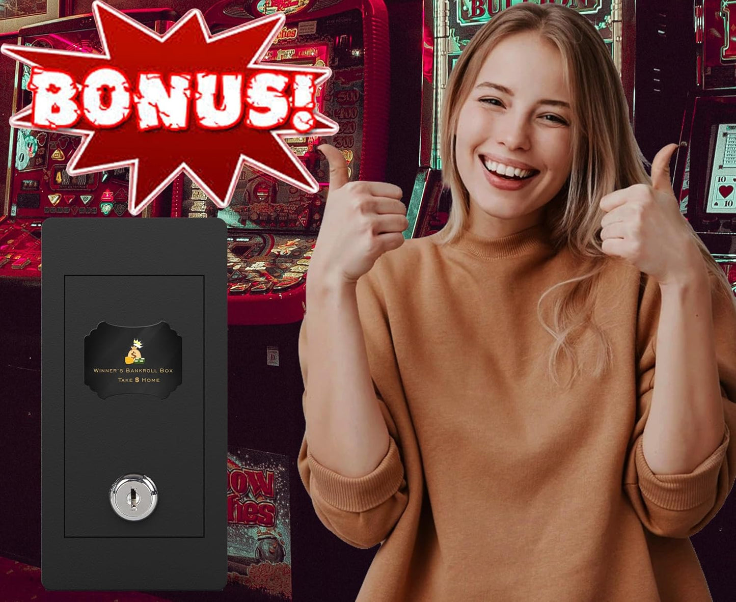 Large Metal Box for Gambler with Waist Bag, Portable Winner Bank Gambling Casino Cash Safe Box, Pocket Sized Cash Box with Key Go Home Money