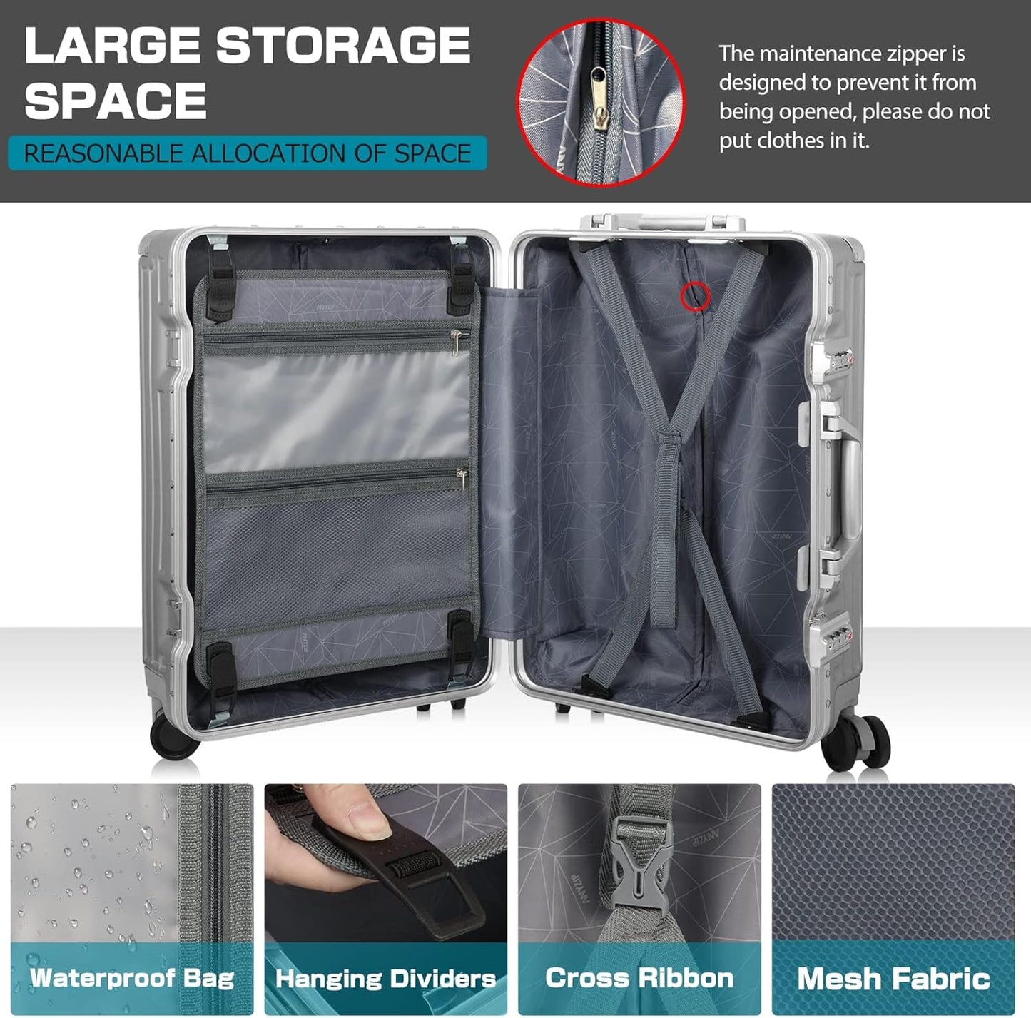 AnyZip Carry On Luggage - Aluminium Frame, PC ABS Hard Shell, Suitcases with Wheels, TSA Lock, No Zipper - 20in Silver