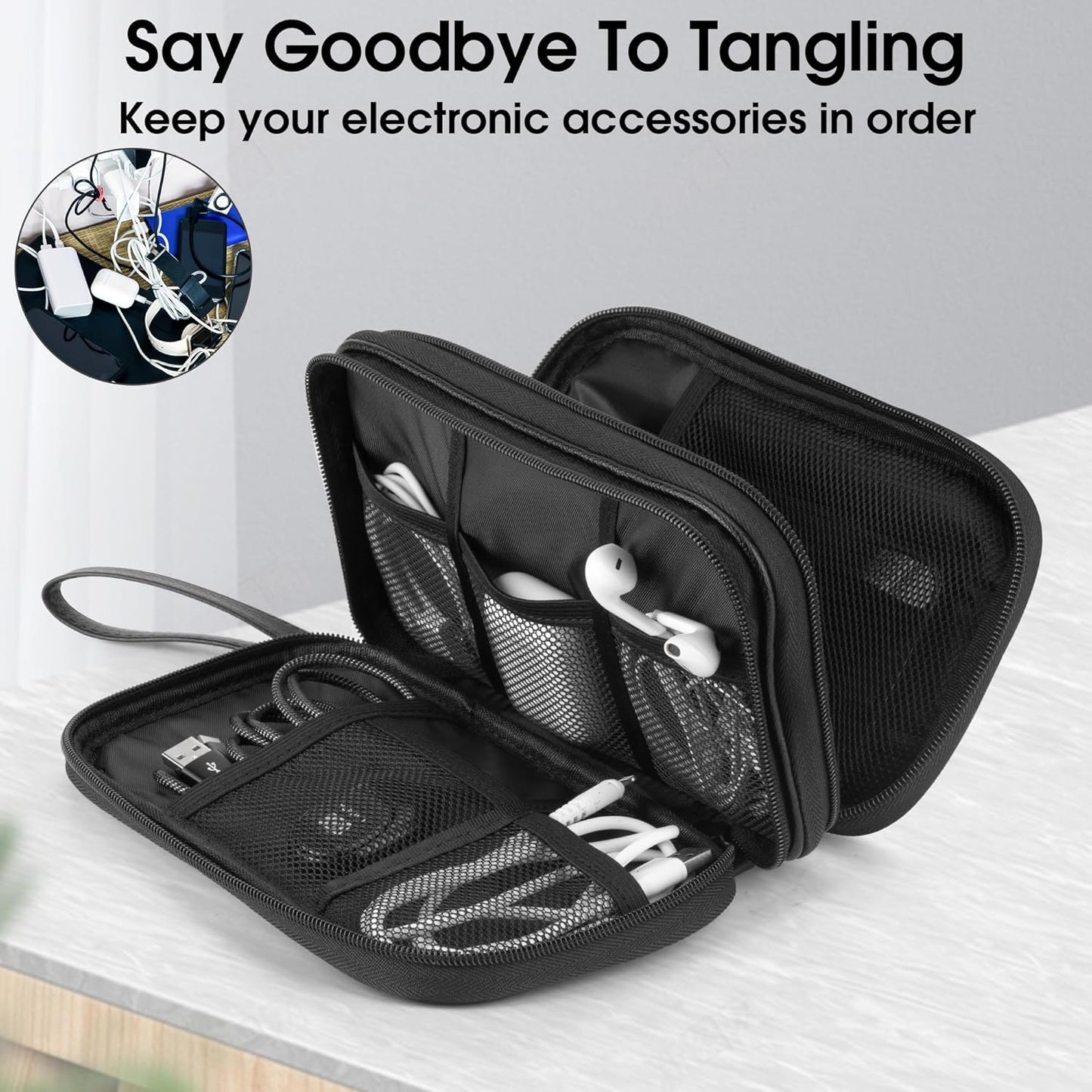 Leather Travel Electronic Organizer - Double Layer, Waterproof Case for Cables, Chargers, Phones & More - Portable, Shockproof Pouch for All Your Electronics Accessories (Black, M)