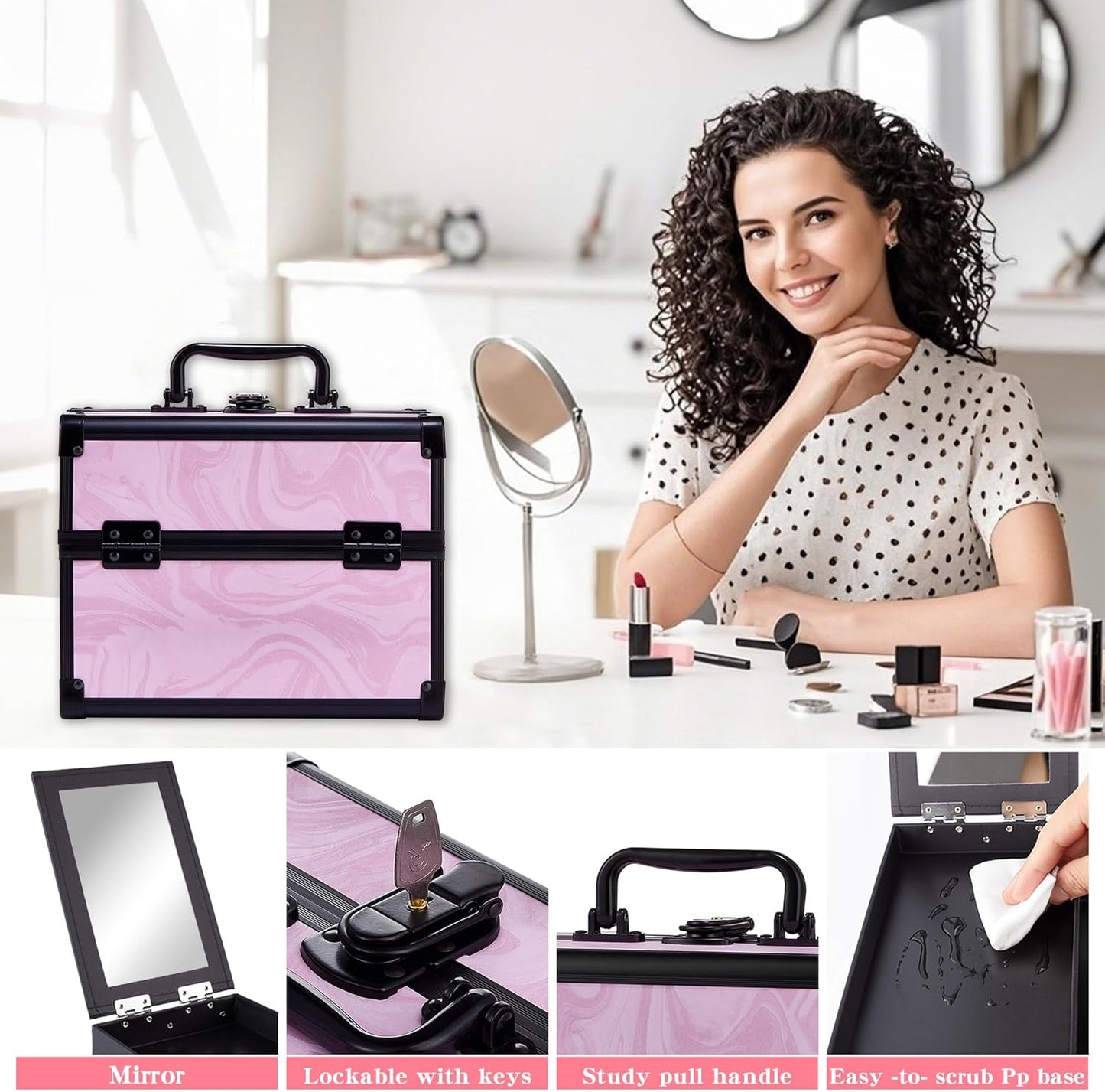 Makeup Train Case, Portable Makeup Case with Mirror, 2-Trays Cosmetic Organizer Case,Nail Polish Organizer, Travel Makeup Box, Profesional for Salon Barber, Pattern Black Pink