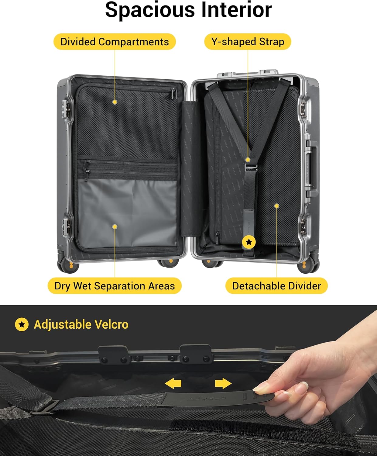 LEVEL8 Zipperless Carry On Luggage Airline Approved with Aluminum Frame, Hard Shell Suitcase with Spinner Wheels, Metal Checked Luggage with Double Tsa Locks, 20 Inch, Grey