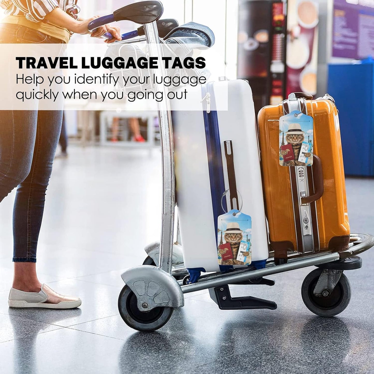 2 Pack Funny Cat Passport Luggage Tags for Suitcases Women Men Kids, Bag Tags for Leather Luggage with Waterproof Suitcase Tags Privacy Cover Name ID Label Steel Loop for Travel Bag Suitcase