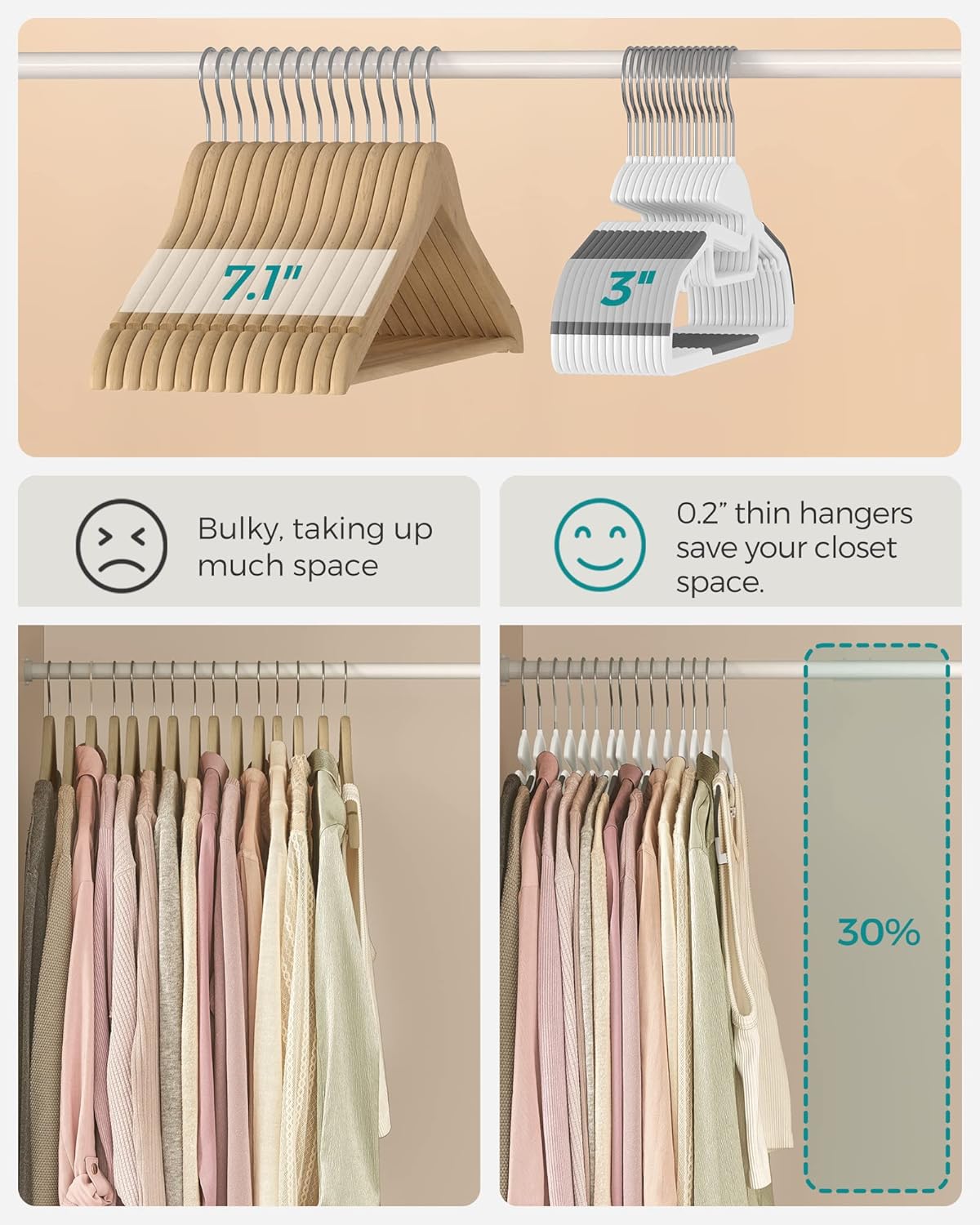 SONGMICS 50 Pack Coat Hangers, Heavy-Duty Plastic Suit Hangers, S-Shaped Opening, Space-Saving, 360º Swivel Hook, 16.3 Inches Wide, Cloud White and Dark Gray UCRP041WG03