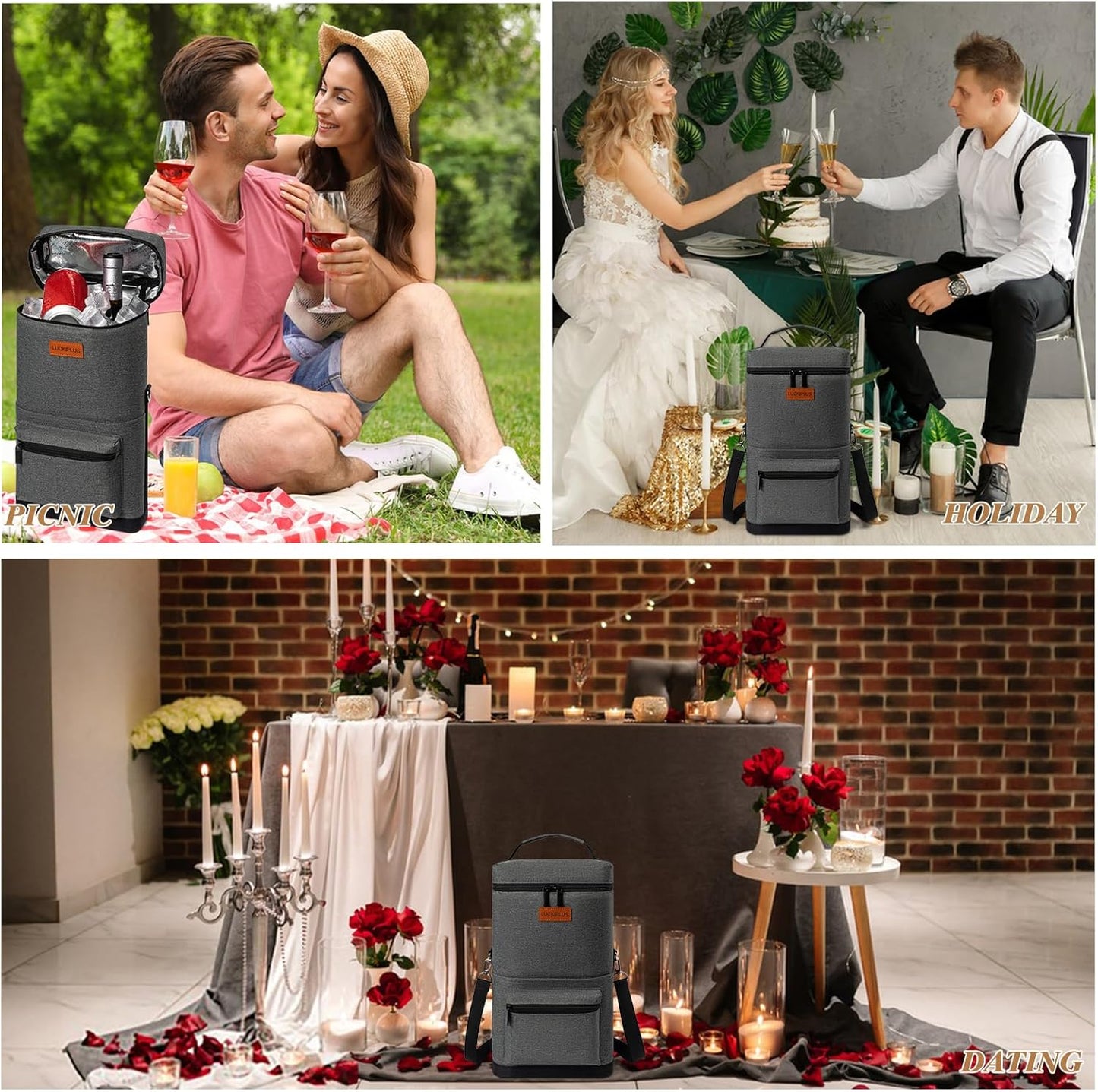 2 Bottle Wine Bag Carrier Tote, Portable Wine Cooler Bag with Padded Shoulder Strap, Versatile Liquor Case for Picnic Travel Birthday Party Coolest Gift for Women Men Wine Lovers Grey