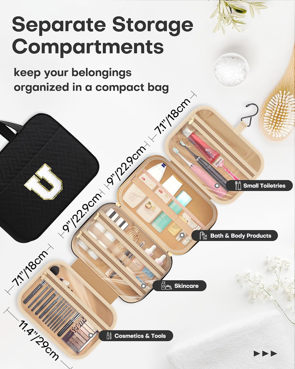 HOTOR Travel Toiletry Bag - Personalized Chenille Initial Makeup Bag, Water-Resistant Personalized Gifts for Women, Portable Travel Accessories & Essentials, Letter U, Black, 11.4"×9.0"×3.35"